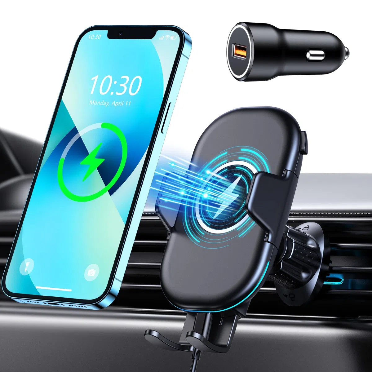 Mohard 15W Qi Cargador Inalámbrico Coche con Adaptador Cargador, Soporte Móvil Coche Carga Rápida, Rotación de 360° Sujeta Movil Coche Compatible con iPhone 16 Pro Max/15/14/13, Galaxy S25 Ultra/S23