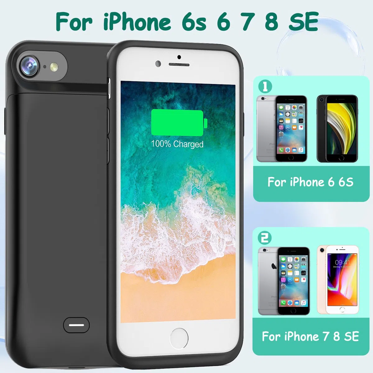 JCK Funda de batería iPhone 6 / 6s / 7/8 / SE 2020/ SE 2022, 4.7 Pulgadas, Estuche de Carga portátil Delgado Mejorado de 6600 mAh Estuche de batería extendido para Banco de energía Recargable