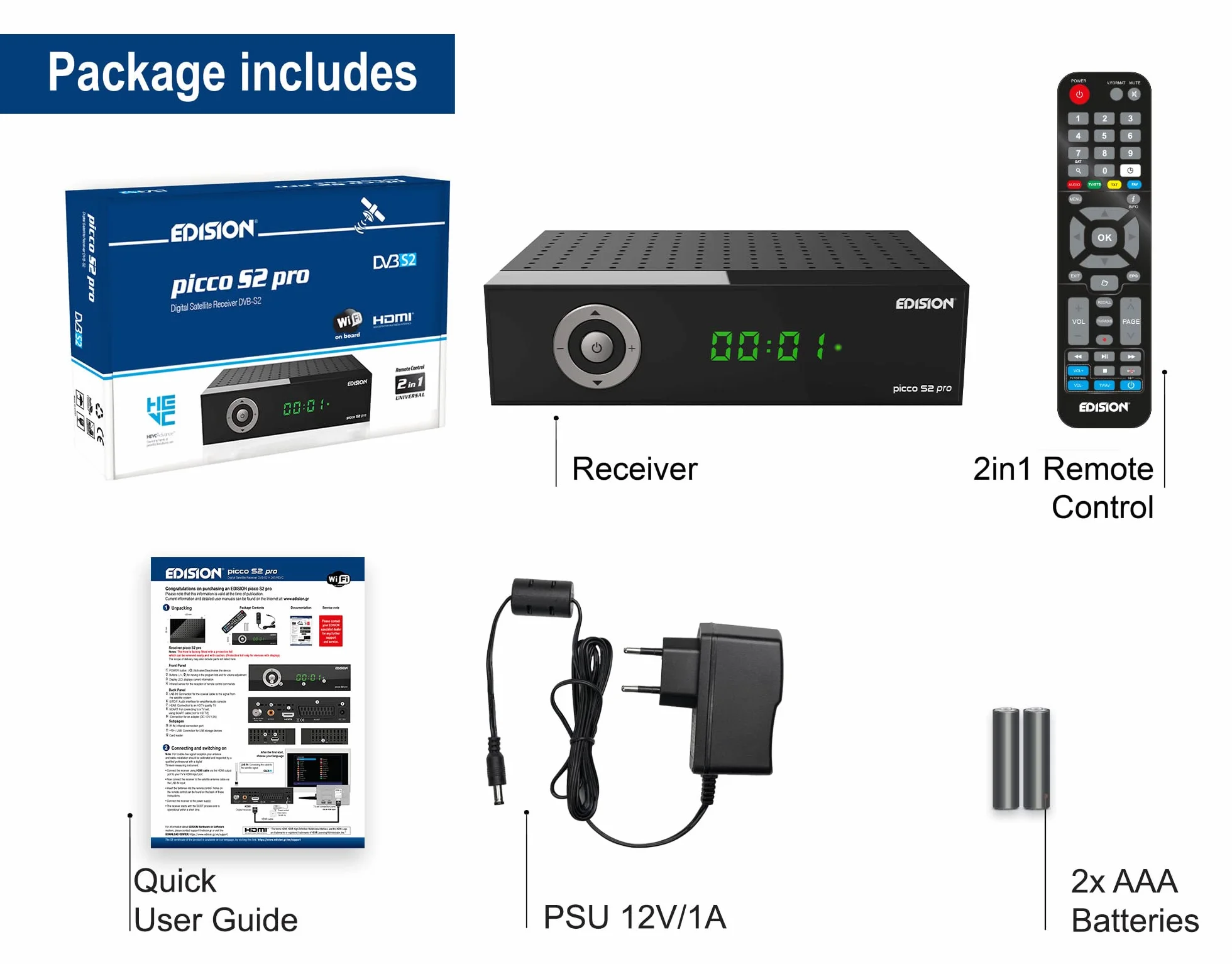 EDISION Picco S2 Pro Full HD Receptor de satélite Digital DVB-S2 H.265 HEVC, WiFi a Bordo, Multistream, HDMI, SCART, SPDIF, USB, IR, Lector de Tarjetas, Mando a Distancia Universal 2en1
