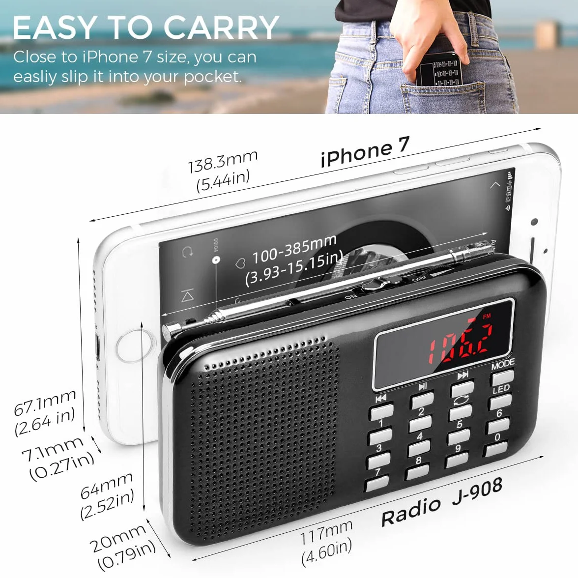 PRUNUS J-908 AM/FM Radio Portatil Pequeña Recargable, Radio Pequeña Digital con Linterna LED, Reproductor de TF/USB/AUX /MP3, Radio Bateria Recargable de 1200 mAh (Negro)