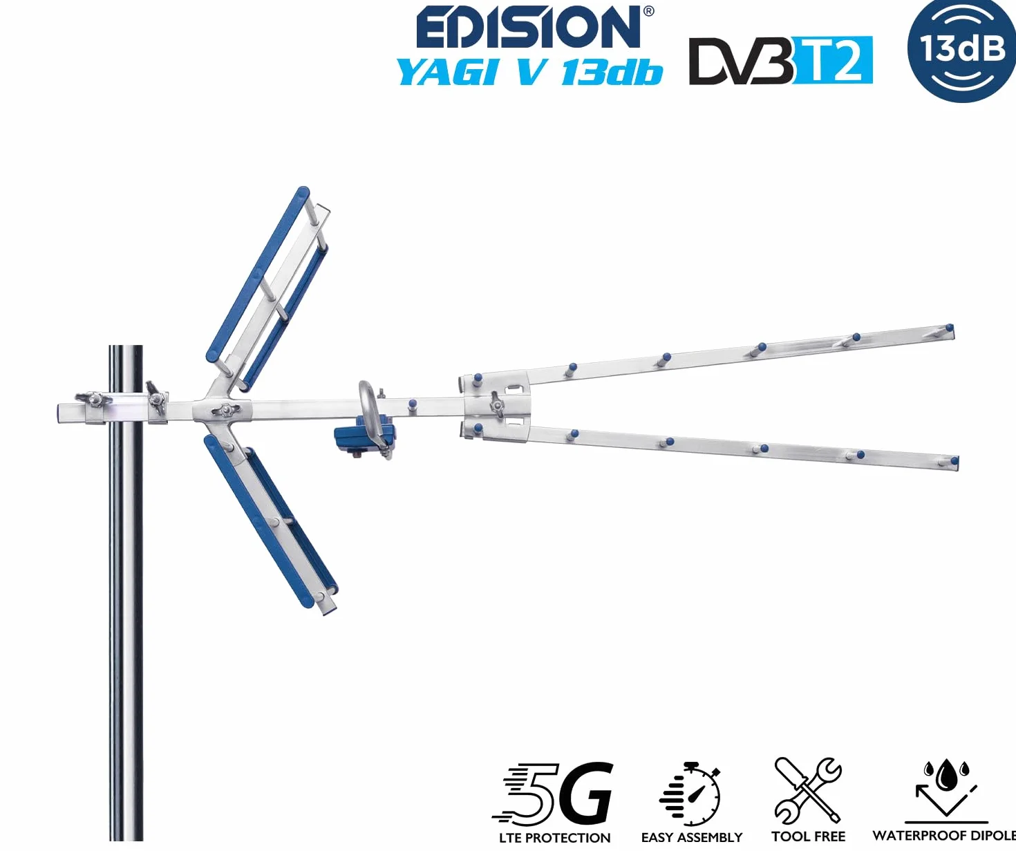 EDISION YAGI V 13db Antena TDT UHF 21-48 Exterior Digital Terrestre, con Filtro LTE 5G, Ideal para recepción de Televisión Digital Terrestre DVB-T/T2,Frecuencias 470-694Mhz,Longitud 87cm,LTE700,Azul