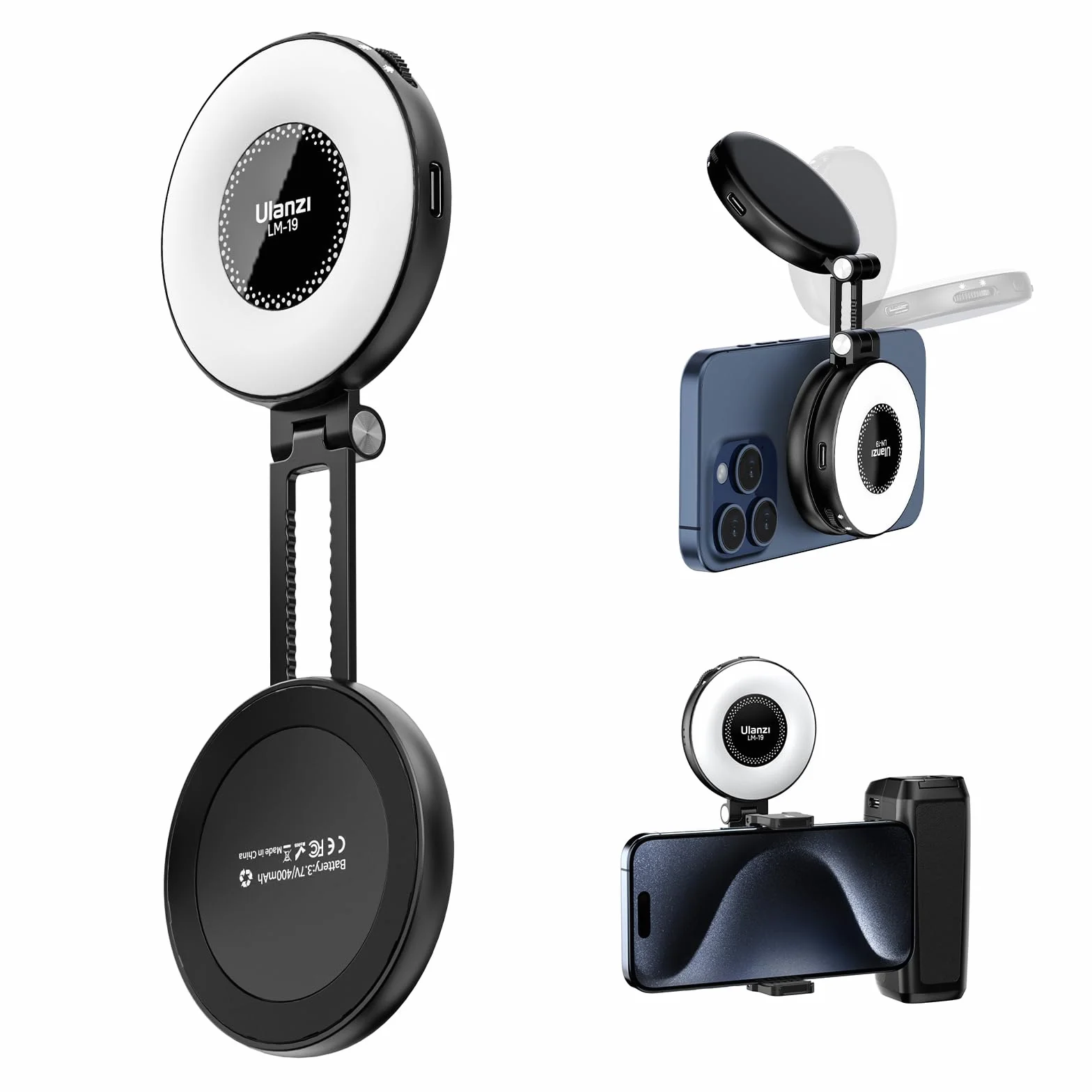 ULANZI LM19 Anillo Magnético Luz Teléfono Móvil, Selfie Luz Teléfono Móvil 3 con Temperaturas de Color 2500k-8500k CRI95, Video Luz Extensión Reversible para iPhone 16 15 Selfie Video Streaming Tiktok