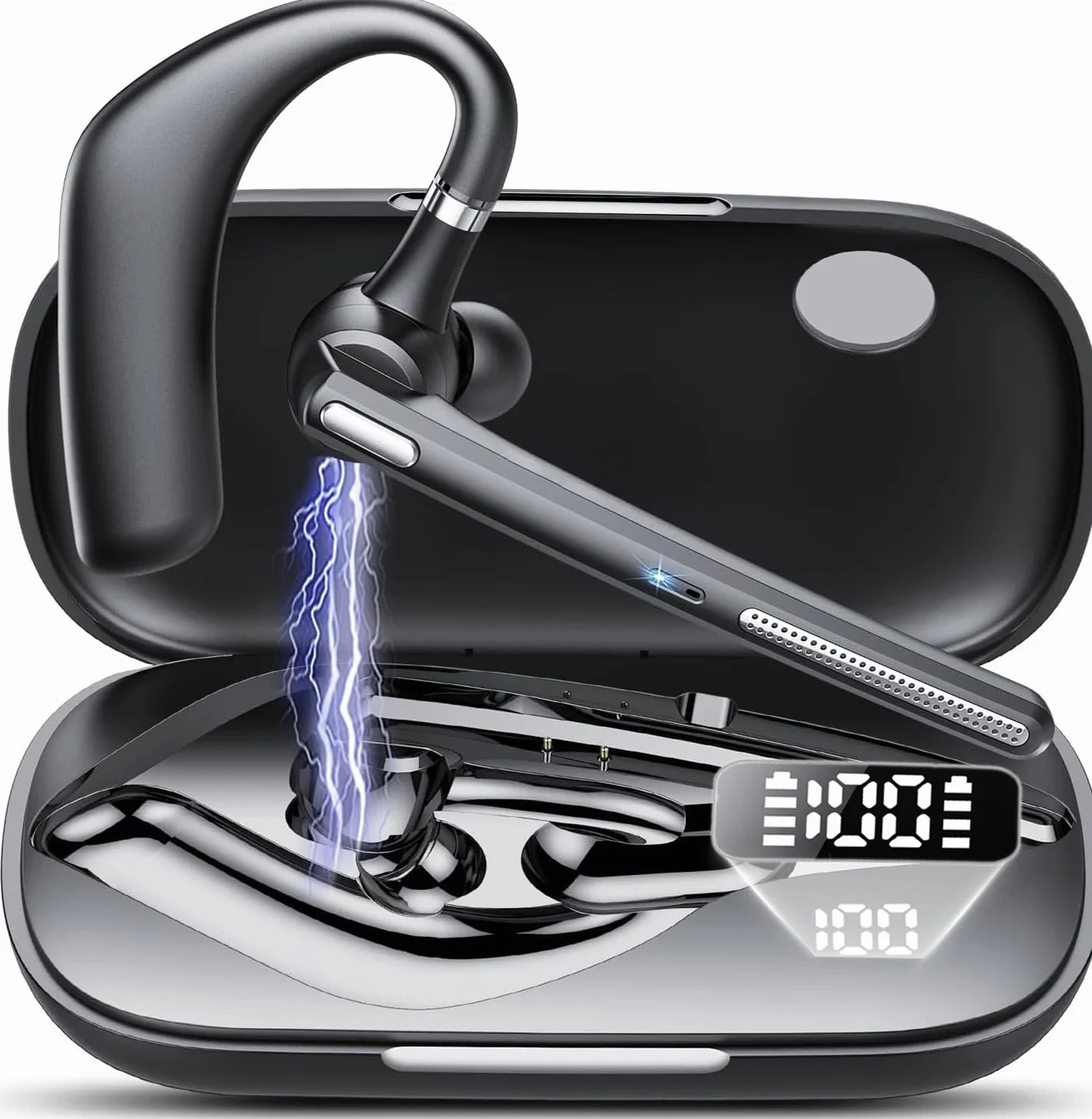 CASCHO Manos Libres Auricular Bluetooth V5.3 con Doble Micrófono Cancelación, 70hrs Talk Auriculares Inalambricos Bluetooth con Pantalla LED, IPX7, para Conducir/Neg