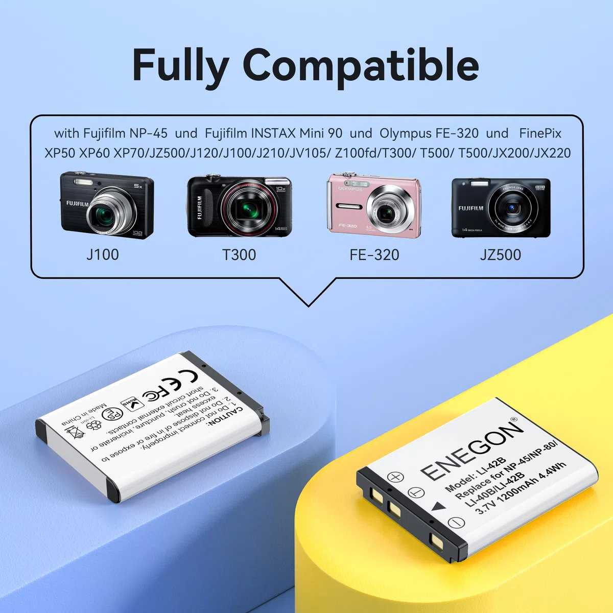 ENEGON NP-45 NP-45A NP-45B NP-45S Batería (2x1200mAh) y Kit de Carga de Compatible con Olympus Li-40B Li-42B Nikon EN-EL10 Fujifilm INSTAX Mini 90 Fuji FinePix XP20 XP80 XP120 T350 T500 T510 J15 J100