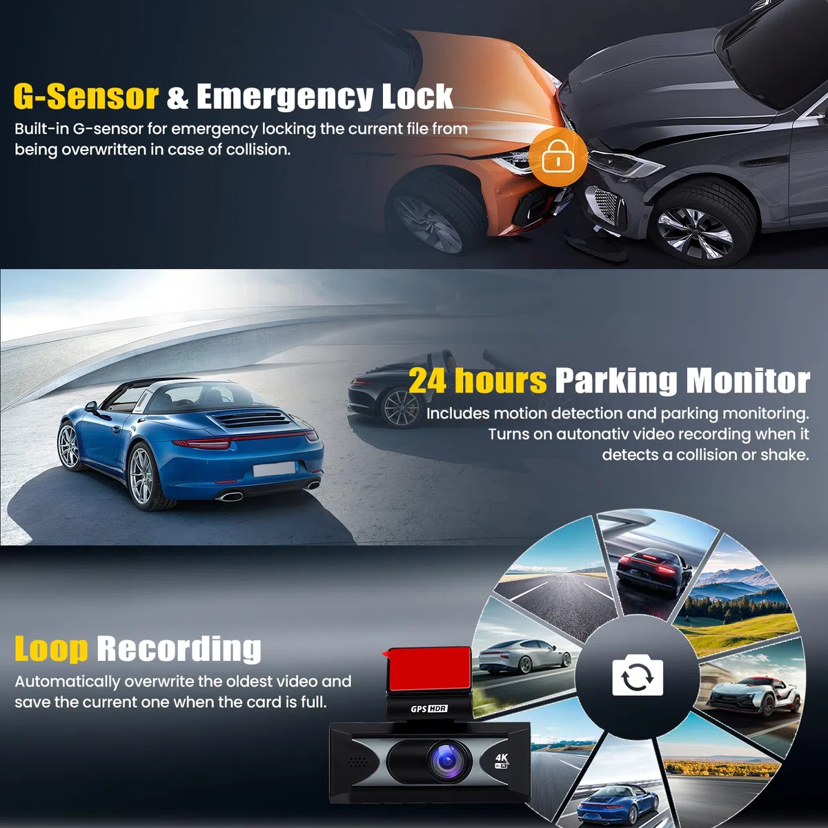 4K + 2,5K Cámara para Coches, Delantera y Trasera, Pantalla IPS de 3,16 Pulgadas, WiFi y GPS de 5 GHz Integrados, ADAS, Sensor G, Visión Nocturna Superior, Grabación en Bucle