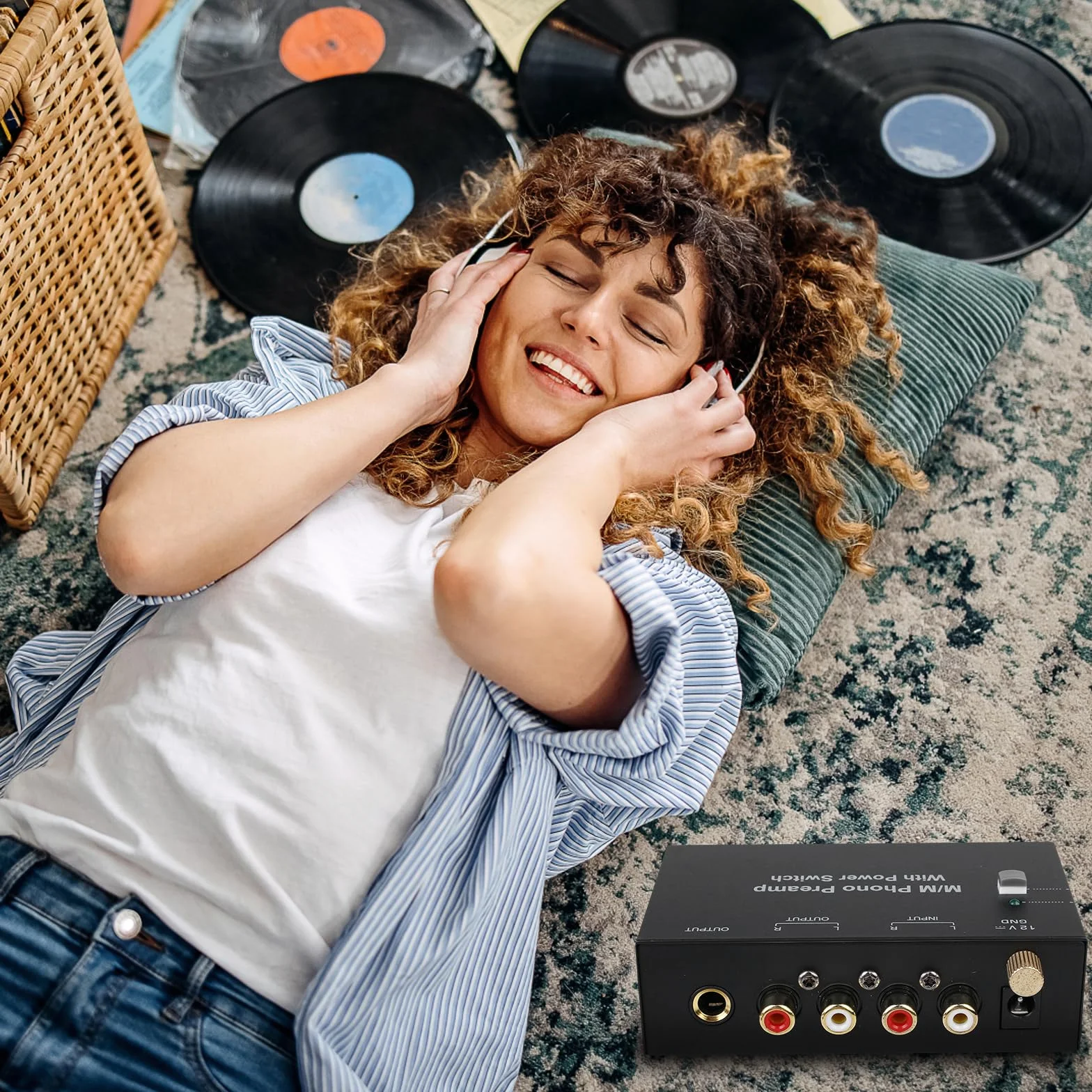 Preamplificador Phono para Tocadiscos MM – Previo Phono con Entrada y Salida RCA, Amplificador Estéreo con Control de Nivel, Interruptor Frontal, Negro