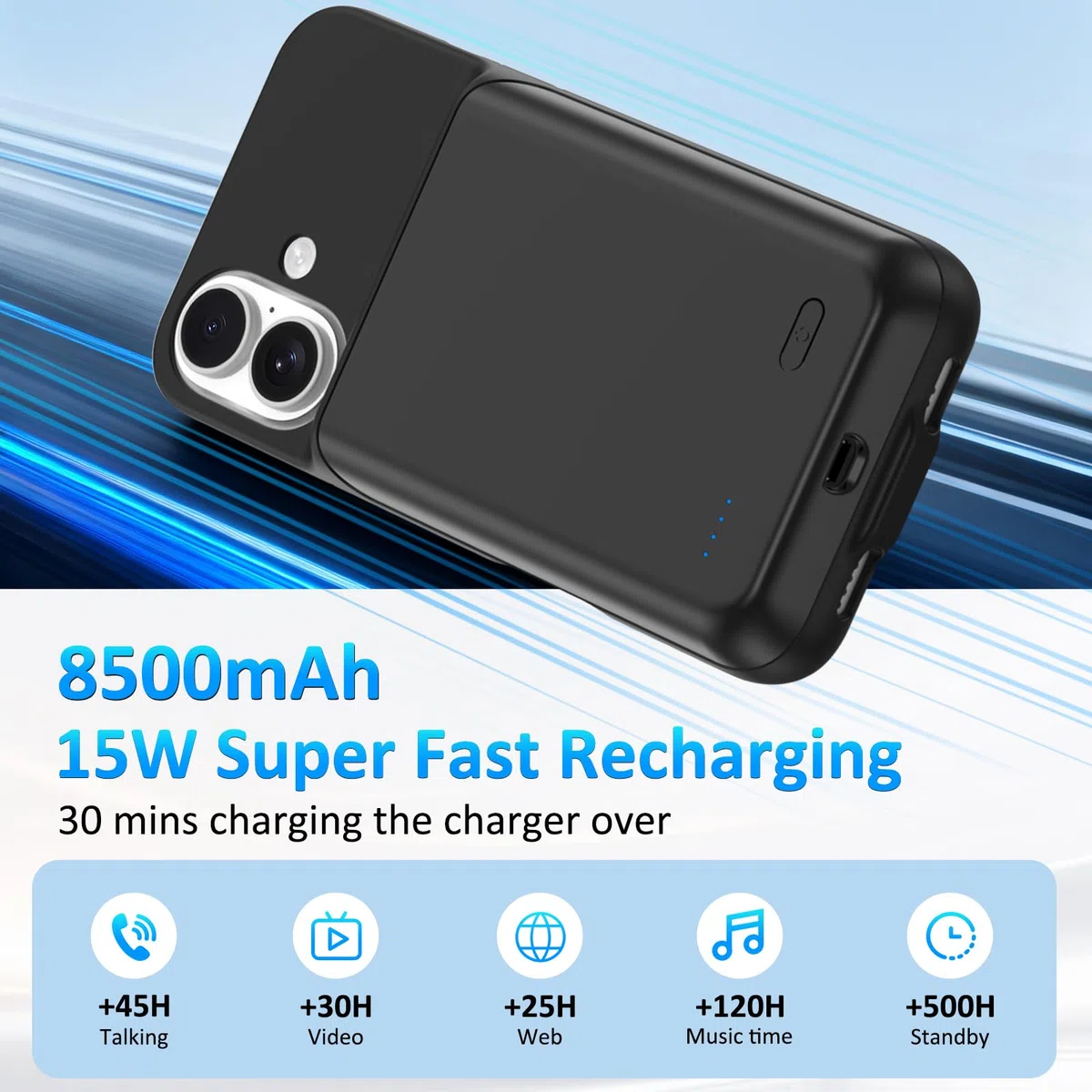 Funda de Batería para iPhone 16 (6.1"), Cargador Portátil de 8500mAh, Funda Ultrafina de Batería Extendida, Cargador de Teléfono y Funda Protectora con Función de Carga para iPhone 16