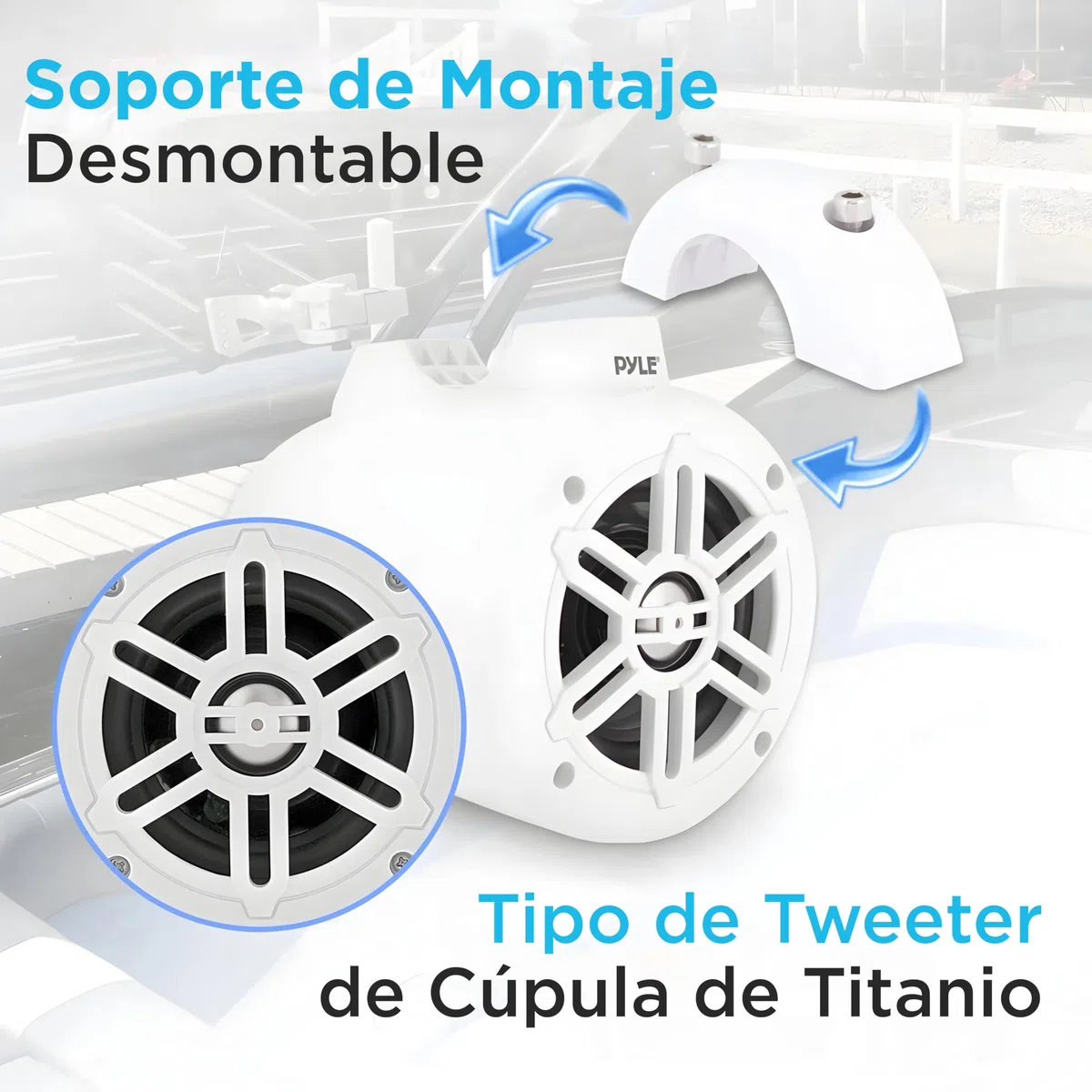 Pyle Altavoces de Torre, Wakeboard Marinos, A Prueba de Agua, Subwoofer Doble de 4”, 300W, Kit de Sistema de Audio, para Barco, Tweeter de cupula de Titanio, Abrazaderas de Montaje