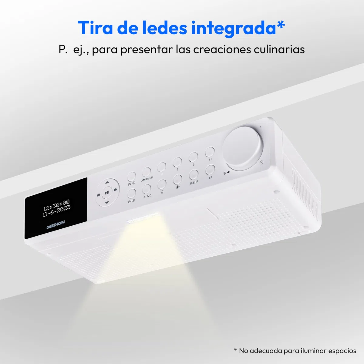 Radio de Cocina para Montaje Empotrado MEDION E6660 (Radio de Cocina Dab+, Radio FM PLL, Bluetooth, Tira de Luces led, Montaje Empotrado, Temporizador de cocción, Pantalla de Reloj) Blanca