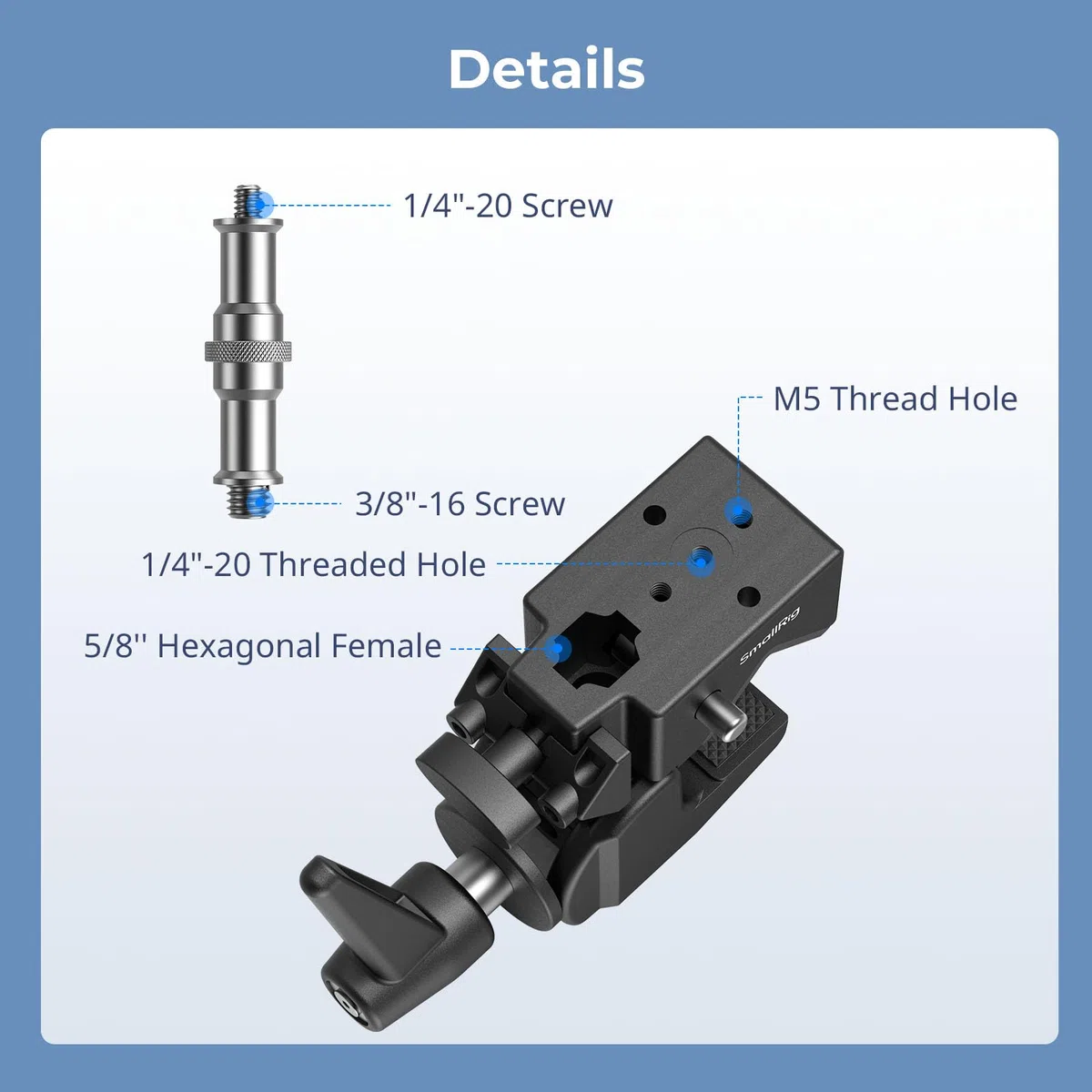 SMALLRIG Kit de Super Pinzas (2 uds) - Carga Máx. 15kg/33lb, con Tornillos 1/4"-20 y 3/8"-16 en Base de 5/8", para Tubos Redondos y Superficies Planas - 5318
