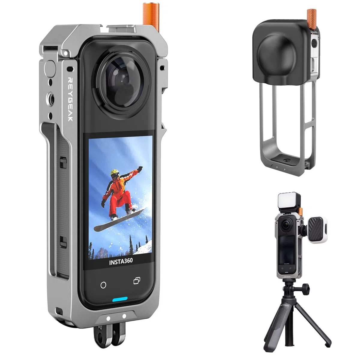 REYGEAK para el Marco de Utilidad Insta-360 x5, la Jaula de la cámara de Aluminio para Insta360 X5, Estuche Protectora con Cubierta de Lente de Silicona, Caja Protectora con 1/4 Dedos Plegables