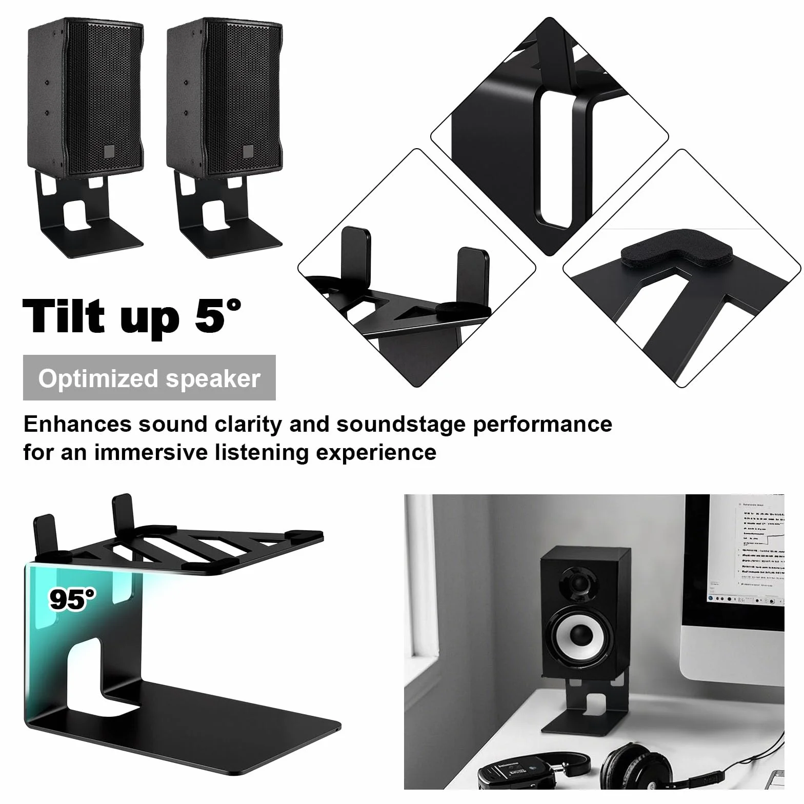 2 Piezas Soportes para Altavoces de Escritorio, Soportes de Altavoz de Escritorio, Capacidad de Carga 20kg por Soporte de Monitor de Estudio con Almohadillas Antivibración, Inclinación 5°(A)