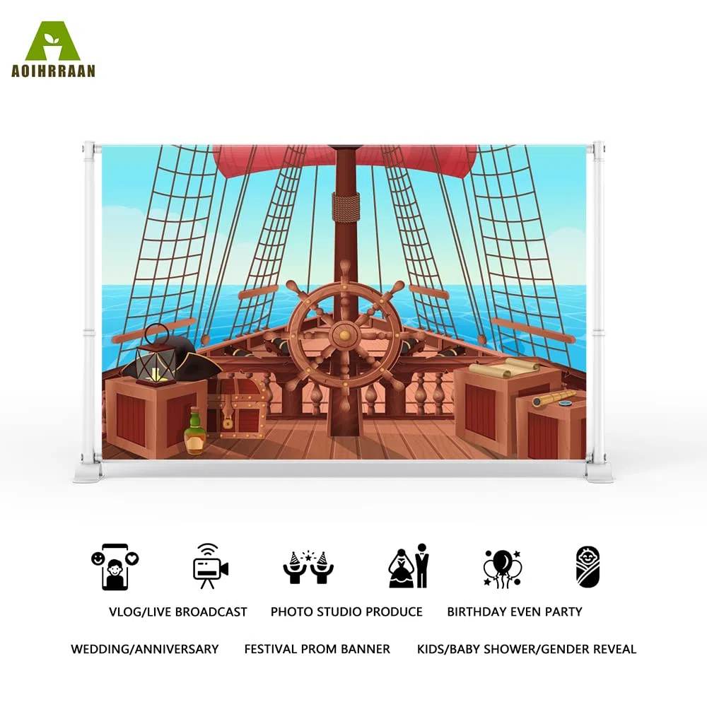 Aoihrraan 2,2x1,5m Dibujos Animados Pirata Barco FondoBote Timón Madera Cubierta Caja Azul Mar Vela Fotografía FondoNiño Niño Cumpleaños Aventura Tema Fiesta Bebé Ducha Niños Retrato Foto Accesorios