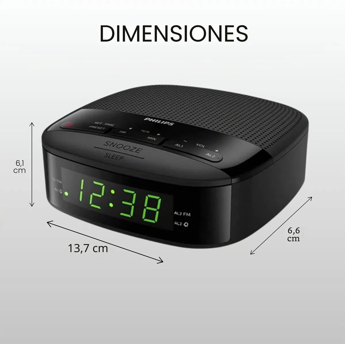 Philips Radiodespertador R3205/12 FM Radio (Alarma Dual, Temporizador, Diseño Compacto, Radio Digital FM, Batería de Reserva), Color Negro