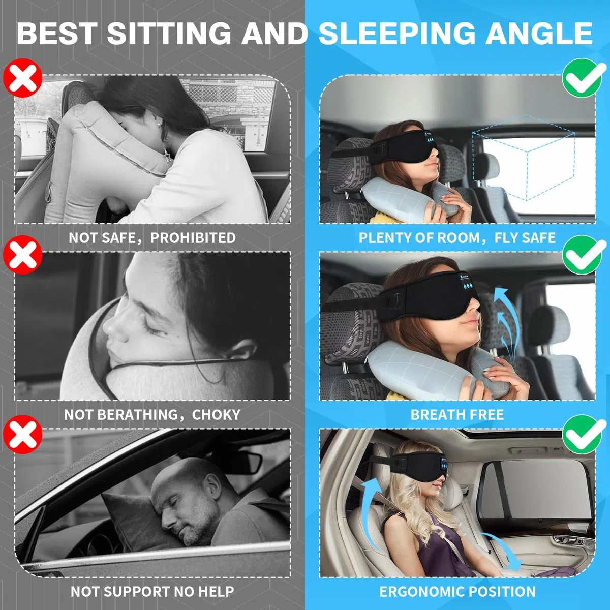 Joythink Auriculares para dormir, máscara de dormir Bluetooth con altavoz, máscara para dormir en coche, auriculares inalámbricos, accesorios de viaje para vuelos largos