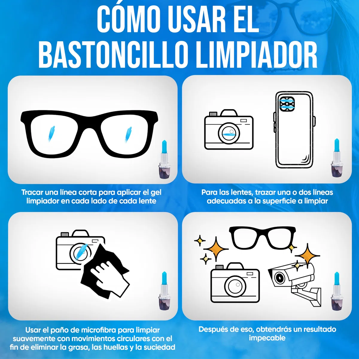 Kit Stick Limpiador de Gafas con Gamuza de Microfibra - Limpia Gafas, Lentes, Cámaras - Desengrasante, Práctico, Antivaho - Seguro para Todas Las Pantallas Gafas
