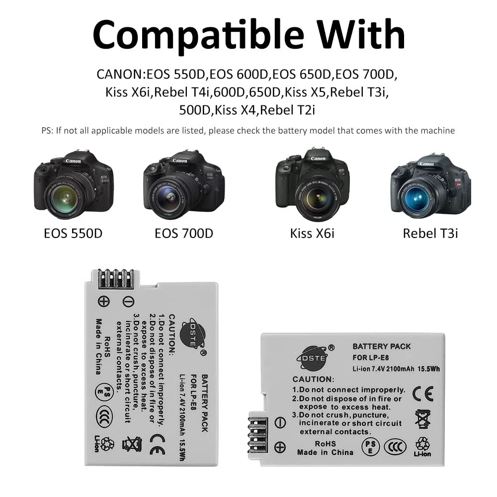 DSTE LP-E8 Batería Recargable (Paquete de 2) y Cargador USB Dual LED Inteligente compatibles con Canon EOS 550D 600D 650D 700D Kiss X4 X5 X6i X7i Rebel T2i T3i T4i T5i