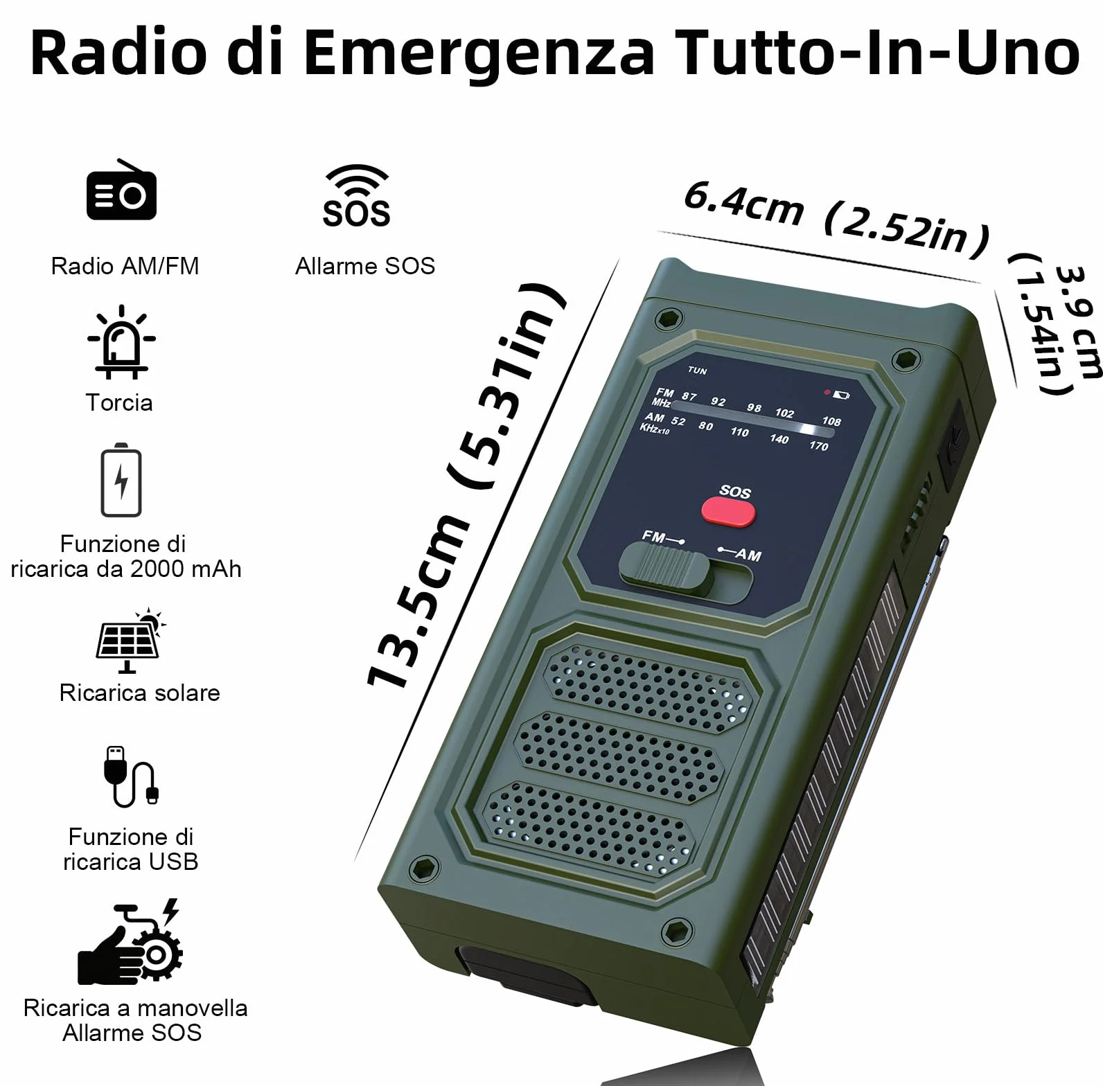 Radio de emergencia, 2000 mAh, manivela con linterna LED, alarma SOS, AM/FM meteorológica, Wind Up Solar Radio para interior y exterior, camping, carga de emergencia de smartphone