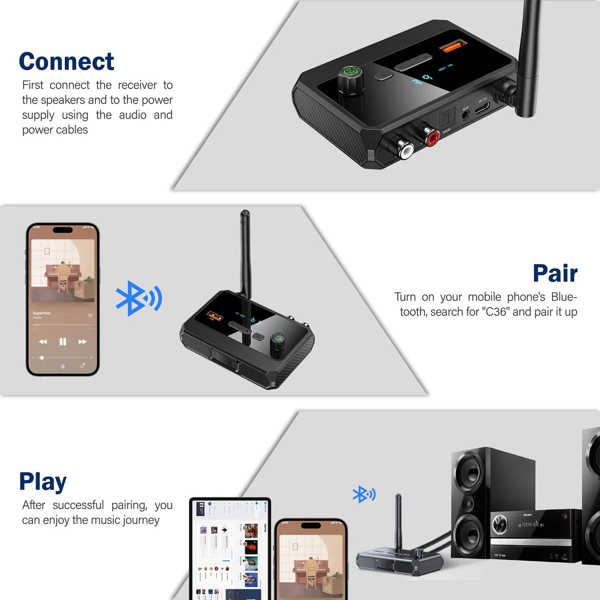 Cuteefun Receptor Bluetooth 5.3, Control de Volumen, Pantalla LED, Baja Latencia y Reducción de Ruido, Soporta RCA óPtico AUX Jack 3.5mm, Adaptador Bluetooth para Dispositivos de Audio, Home Stereo