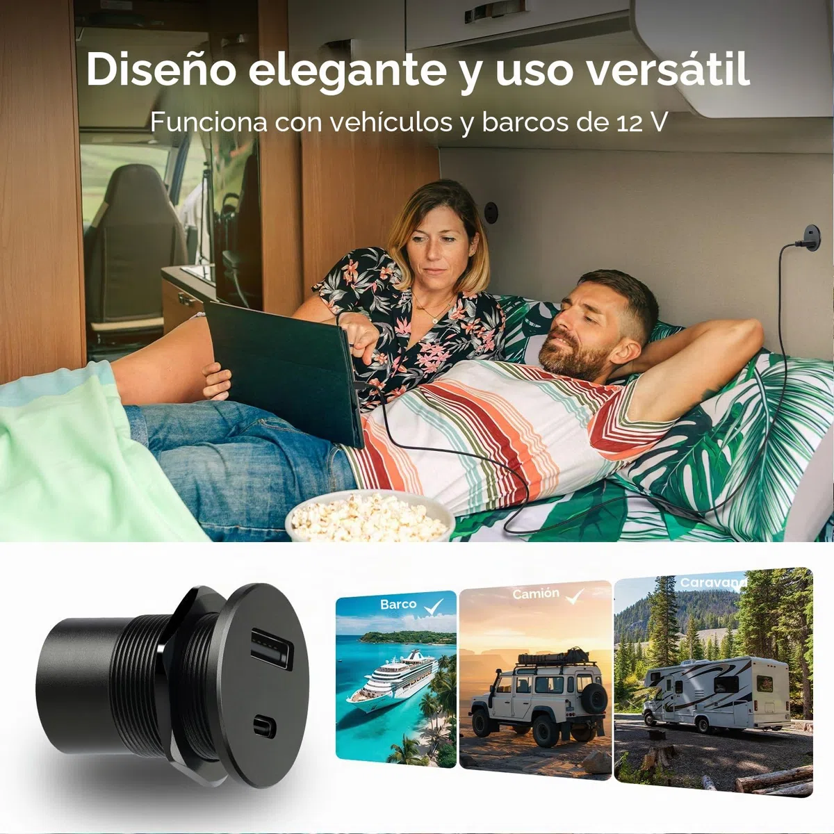 Aluminio Toma USB 12V Camper Cargador, Doble Puerto PD3.0 USB-C y QC3.0 USB-A Enchufe Carga Rápida, para Coche Autocaravana Barco Camión Caravana(2PCS)