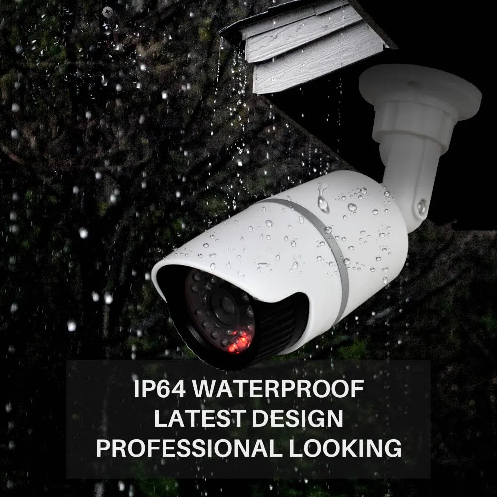 JUSTOP Cámaras CCTV falsas, 2 cámaras de seguridad falsas con LED intermitente, impermeables para uso en interiores o exteriores, carcasa profesional en blanco y negro (paquete de 2 unidades)