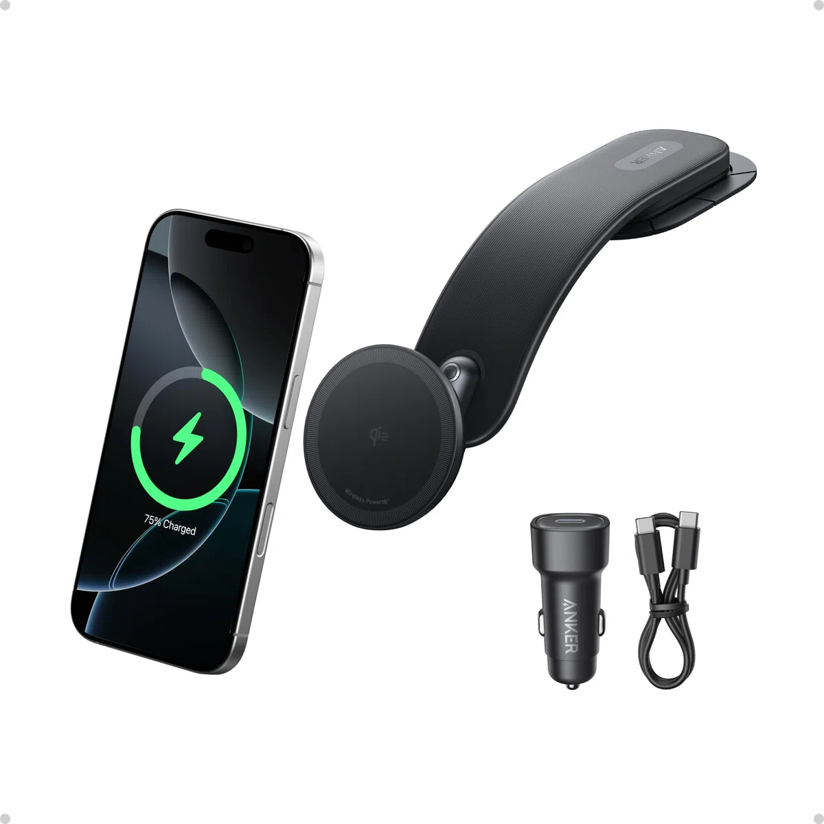 Anker Nano Cargador Coche Inalámbrico para Coche, Cargador Ajustable 360° con Almohadilla Desmontable, Carga Certificada Qi2 de 15W, para iPhone 16/15/14/13/12 (Adaptador Incluido)