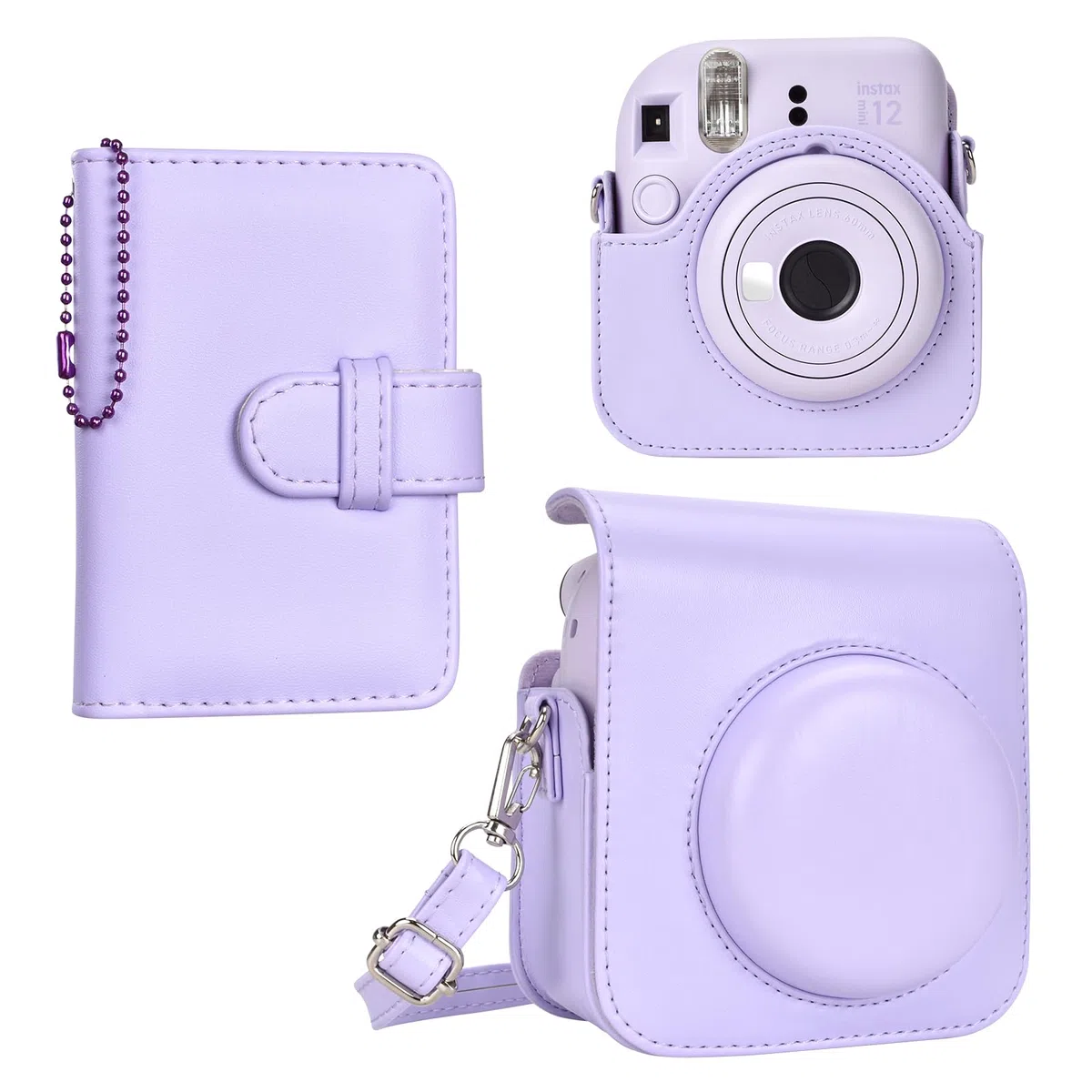 Estuche para cámara instantánea Compatible con Instax Mini 12, Bolsa de Cuero PU con Bolsillo, Correa Ajustable para el Hombro y Mini álbum de Fotos con 28 Bolsillos (Morada Puro)