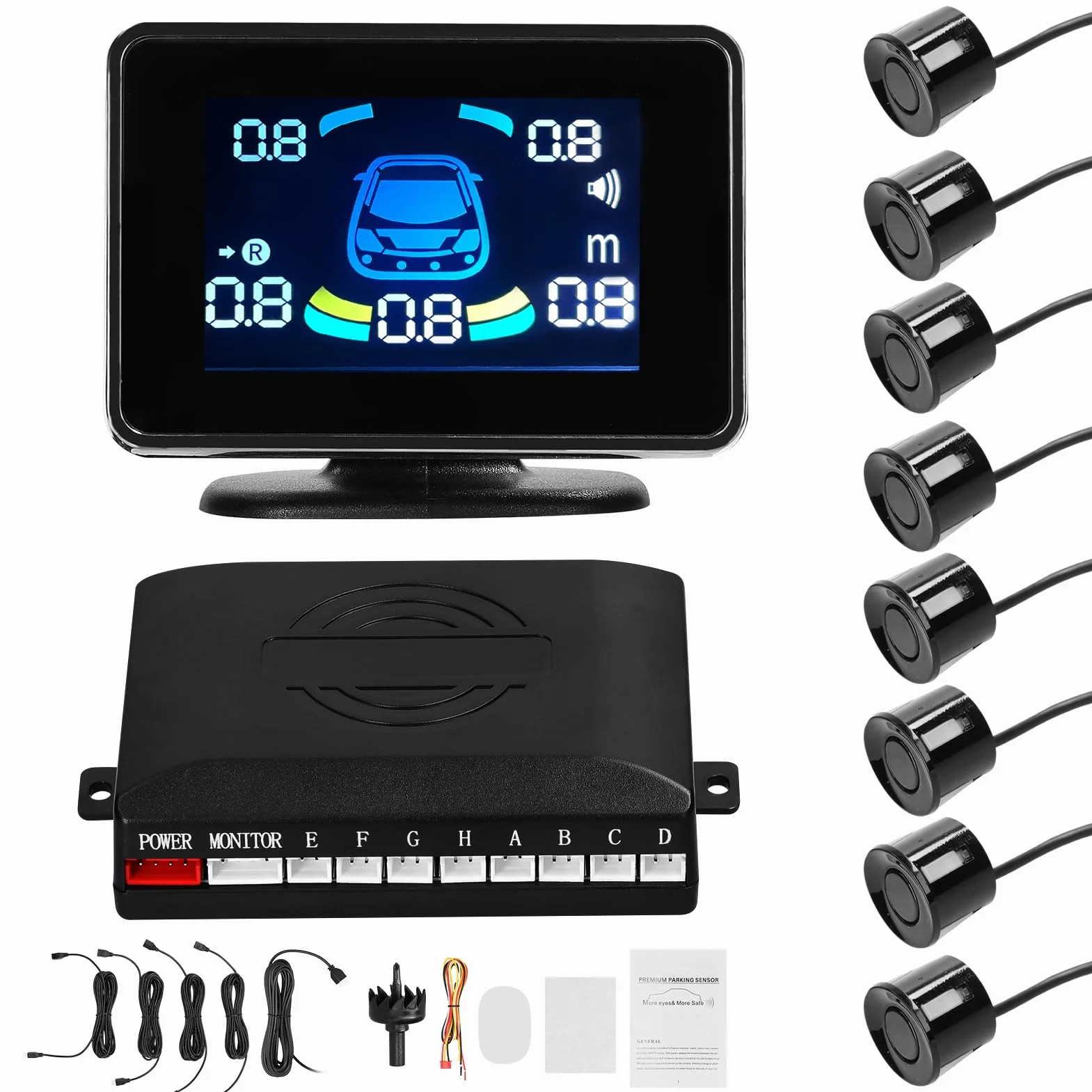 Shkalacar Sensores Aparcamiento Coche, Detector Radares para Coche, Parking Sensor con 8 Sensores, Pantalla LCD, Soporte Delantero y Trasero, Advertencia de Sonido/Zumbador/Silencio