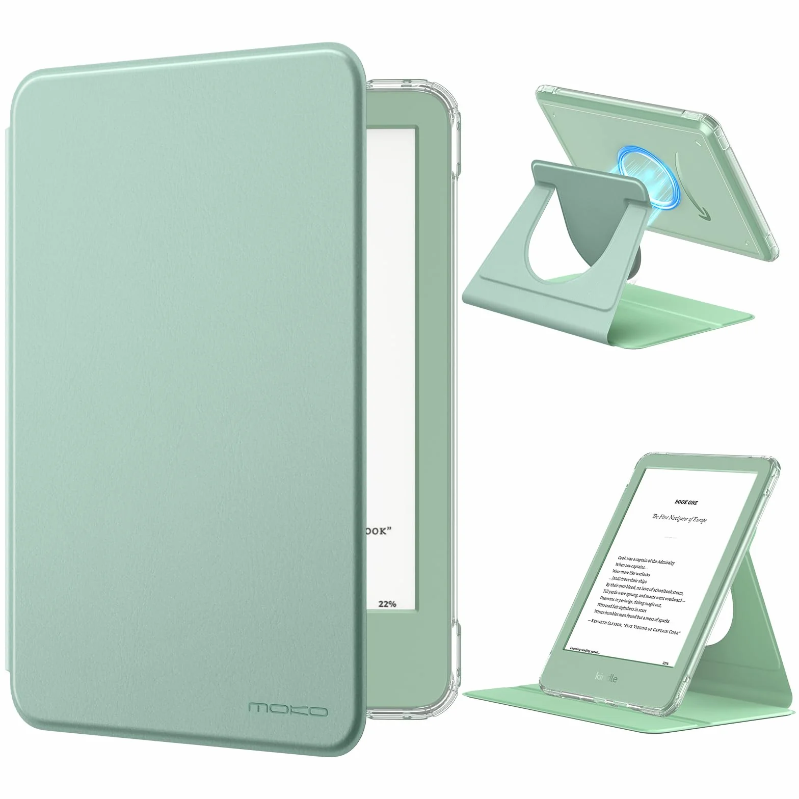 MoKo 360° Funda Giratoria para 6" All-New Kindle (11ª Generación-2024/2022), Transparente Trasera Desmontable Magnético de Protección Ajustable Stand Cover con Auto Wake/Sleep, Verde Matcha