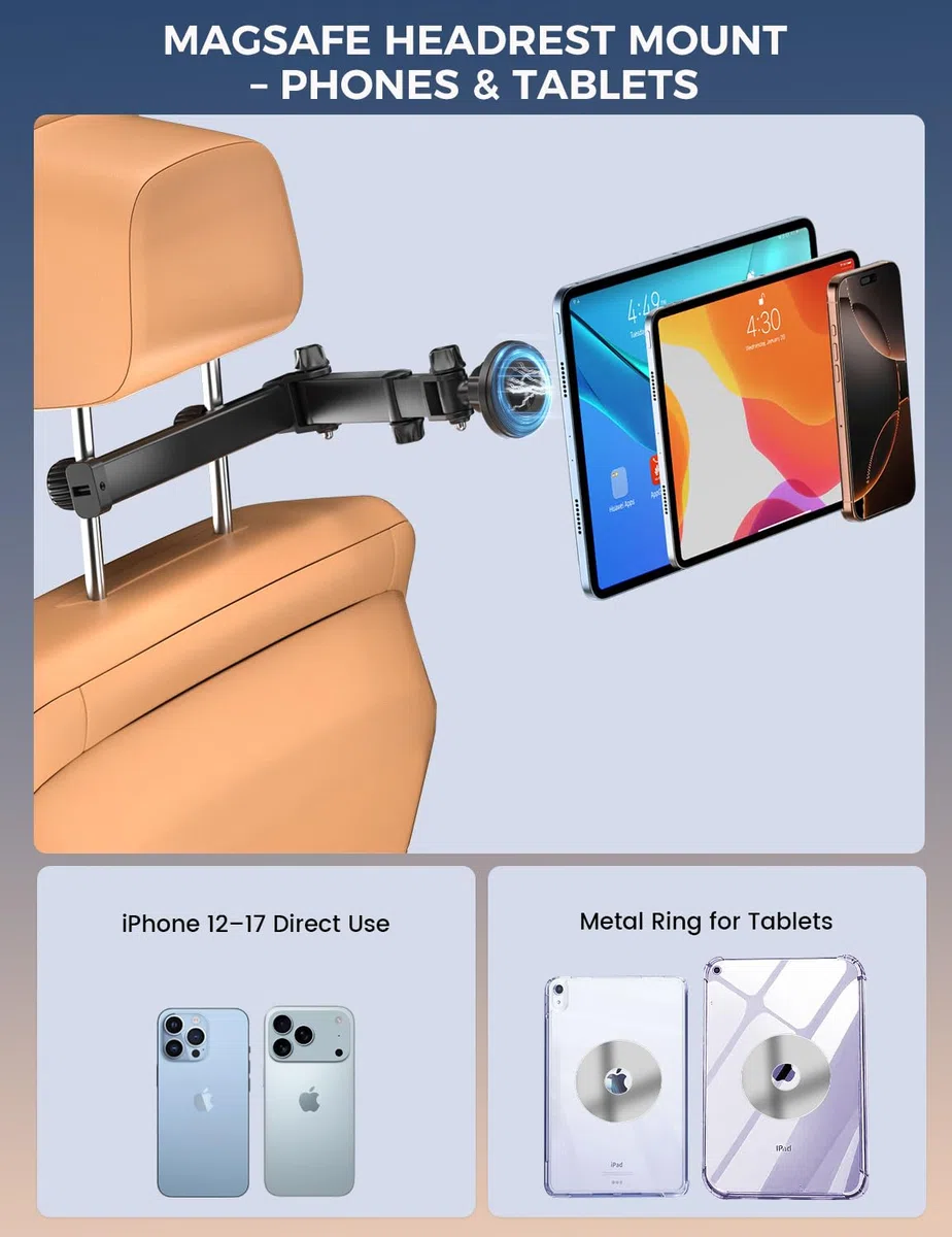 OHLPRO Soporte para tablet coche reposacabezas con fuerte magnético, brazo extensible de aluminio para coche, soporte para tableta, soporte universal de viaje para niños, soporte para iPad Sumsung