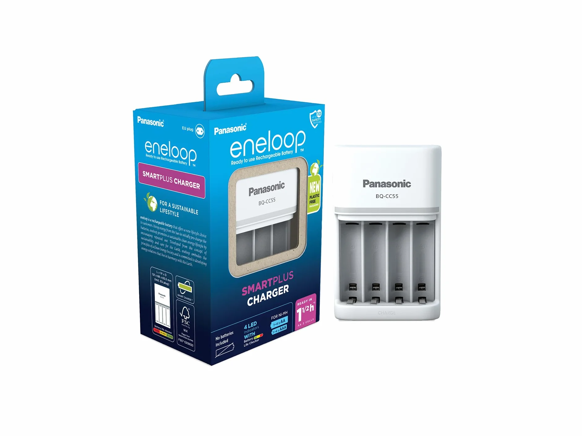 eneloop SmartPlus. Cargador para 1 a 4 pilas AA/AAA Ni-MH con 10 funciones de seguridad.