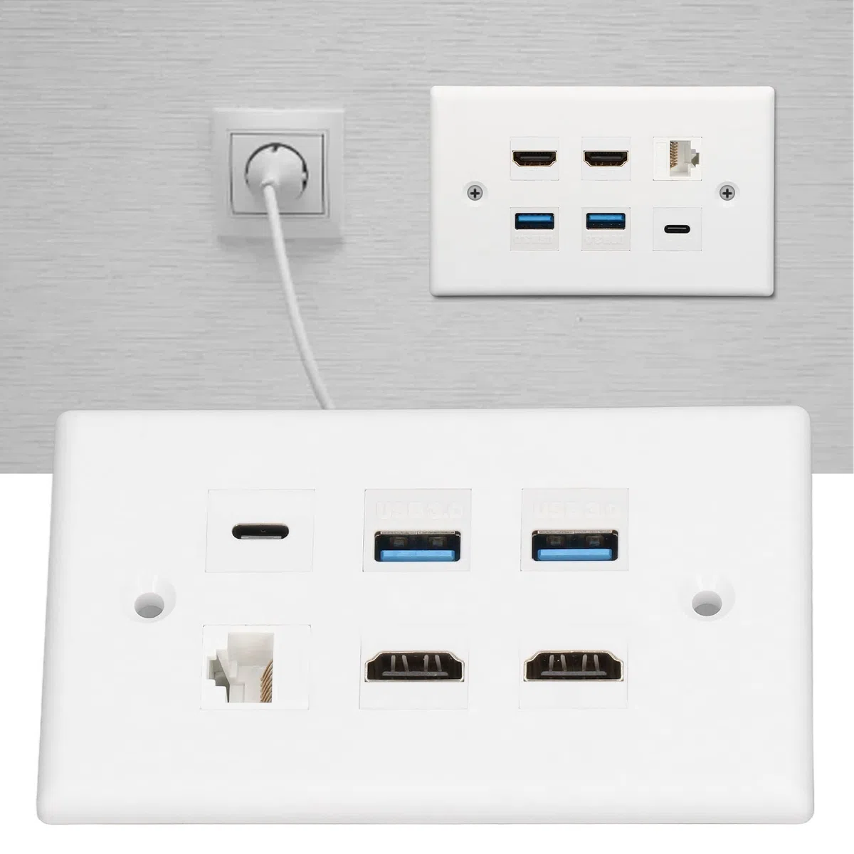 Placa de Pared Ethernet de 6 Puertos, 2 Conectores HDMI, 2 USB 3.0, 1 Tipo C, 1 Conector Ethernet Cat6 RJ45, Placas de Pared Compatibles con Cables Cat 5, Cat 5e, Cat 6 para TV,