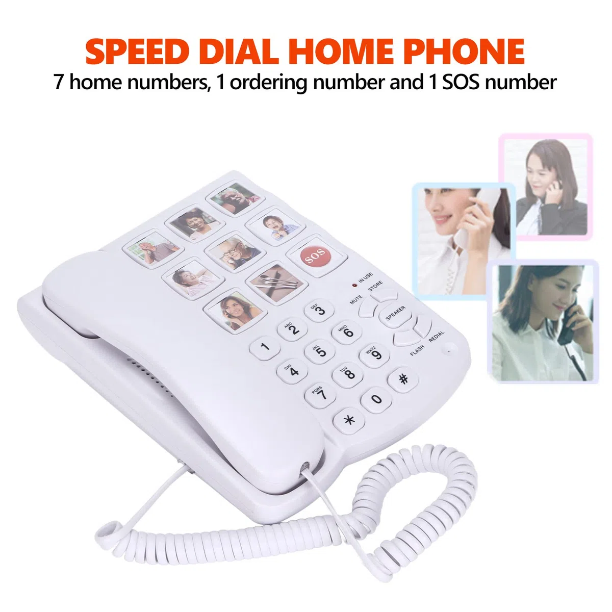Teléfono Fijo sobremesa con Teclas Grandes, Volumen Alto, Manos Libres, Botón SOS y Silenciar Almacenar Altavoz Flash Rellamada, Teléfono de sobremesa con Memoria fotográfica para Personas Mayores