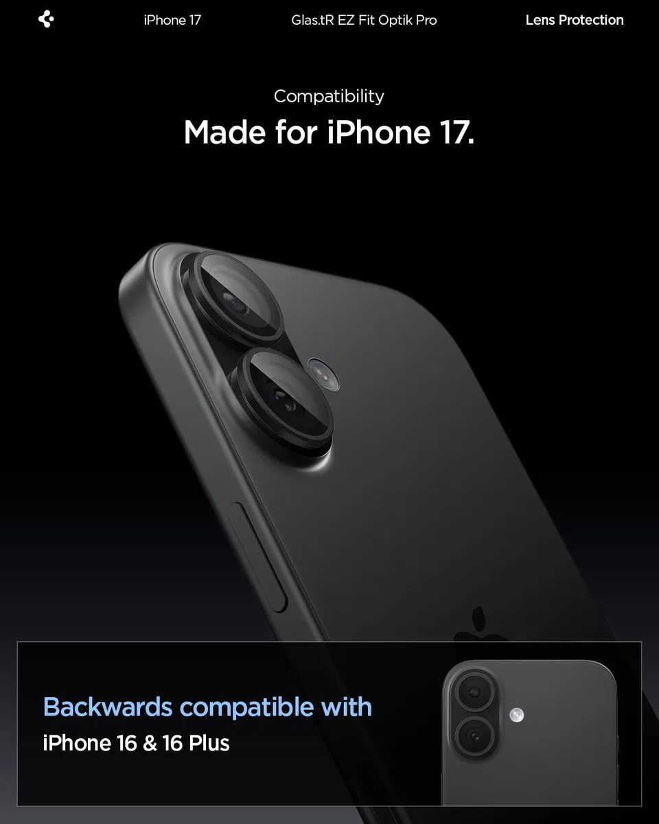 Spigen Glas.tR EZ Fit Optik Pro Protector de Cámara para iPhone 17, iPhone 16/16 Plus, Negro, 2 Unidades, Instalación Fácil, 9H Dureza, Anti-Arañazos