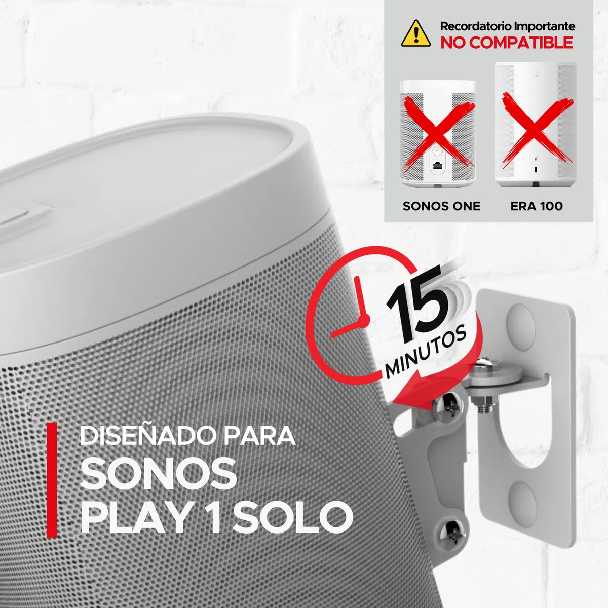2 x Sonos Play:1 Montaje de Pared (No Compatible con Sonos One), Ajustable con Mecanismo de Giro e Inclinación, Soporte Individual para Altavoz Play 1 con Accesorios de Montaje, Blanco, Paquete