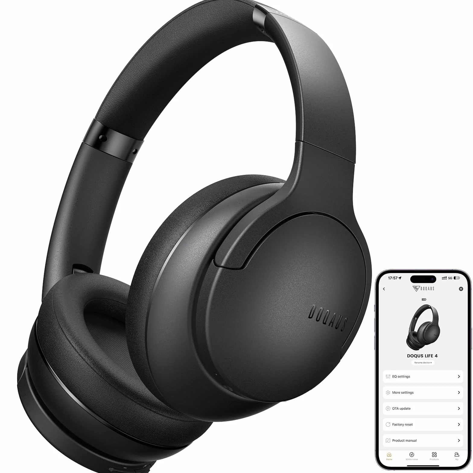 DOQAUS Auriculares Inalámbricos Bluetooth Diadema, Cascos Inalámbricos Bluetooth con 90 Horas de Batería, App con 9 Modos EQ, Bluetooth 5.4, Sonido HiFi, Plegables con Micrófono, Negro