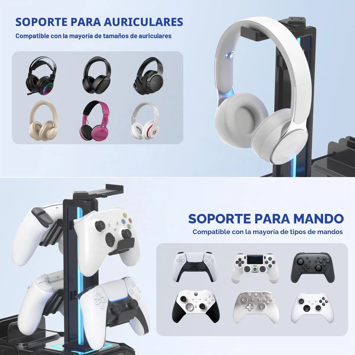 KDD Soporte Auriculares Gaming con Cargadores USB A Tip C, Soporte Cascos Gaming & Soporte Mandos PS5 Extraíble con Cajón para Móviles Tabletas para Escritorio Gamer Accesorios Gaming PC