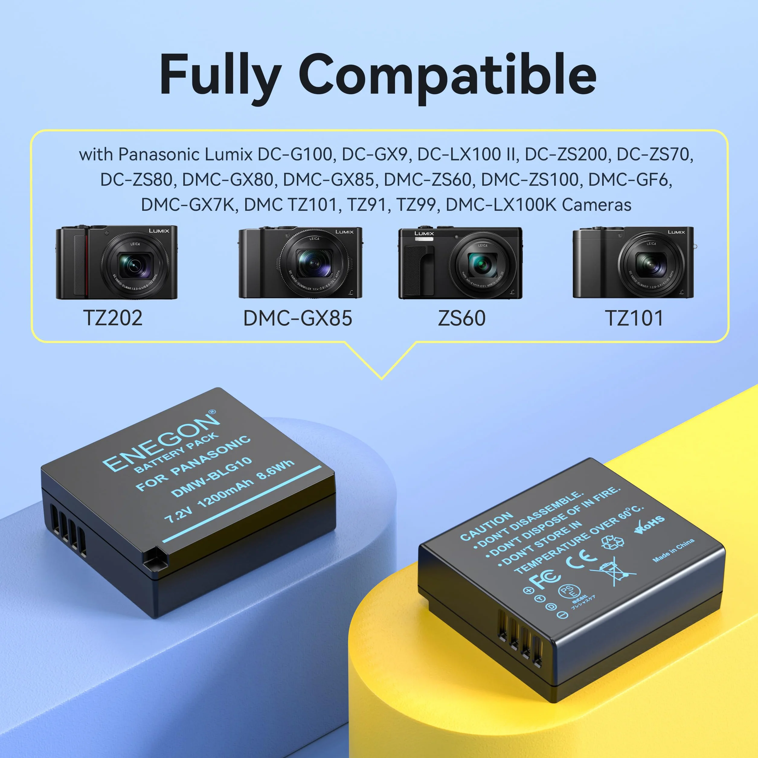 ENEGON DMW-BLE9 DMW-BLG10 Batería (2x1200mAh) y Cargador, + Cable USB-C y Pantalla LCD, para Panasonic Lumix DC-LX100 II, TZ202, TZ101, TZ99, TZ91, TZ81, DMC-GX7, DMC-GX9, DMC-GX80, DMC-GX85