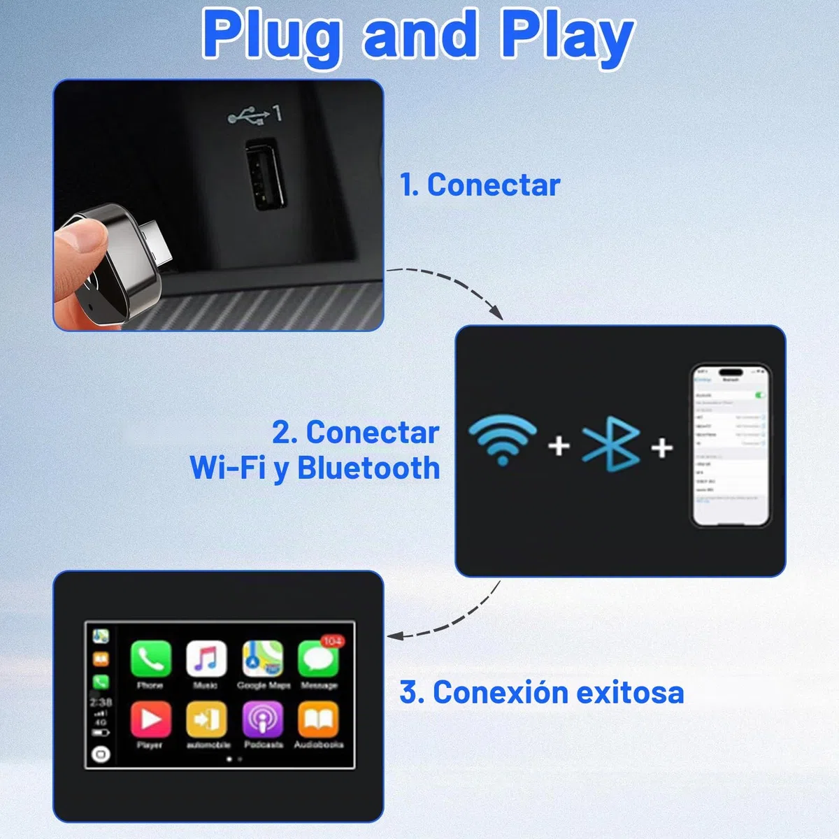 Mini Adaptador Carplay Android 2 en 1 Inalámbrico para iPhone/Android Plug and Play Convierte de Cableado a Inalámbrico Adaptador Car Play Compatible con iPhone iOS 10+