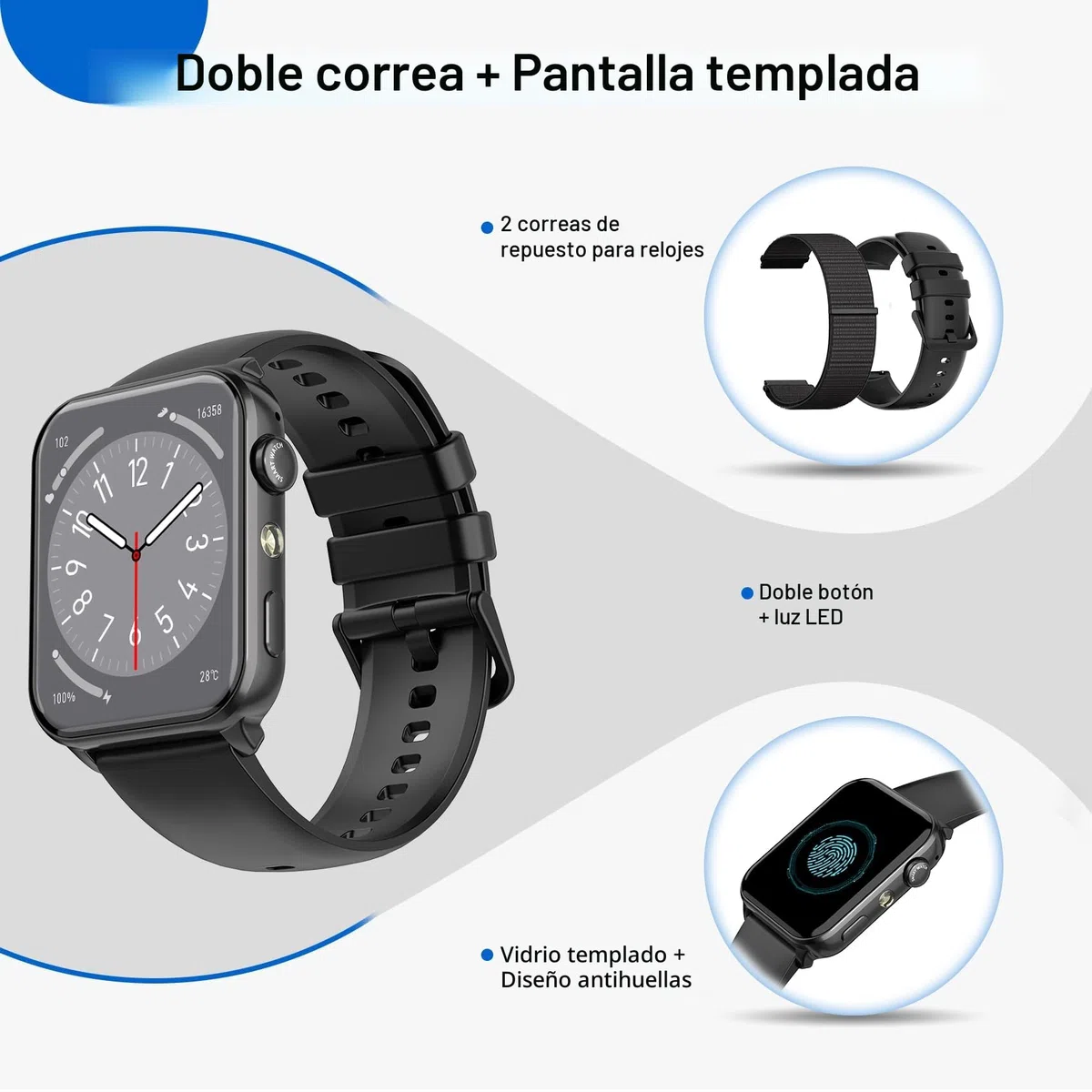 Reloj Inteligente Hombre Mujer, Smartwatch Hombre con Linterna y Llamadas Bluetooth, Smart Watch con 2 Correas, Notificación, Podómetro, Pulsómetro, 100+ Modos Deportivos, Smartwatch para Android iOS