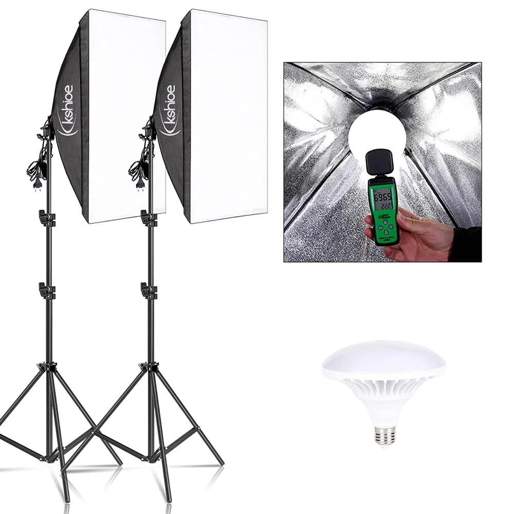 Bonnlo Kit de luz Softbox para Estudio fotográfico, Softbox de 50 x 70 cm con Base E27 y 2 Bombillas LED 5500K, trípodes de Aluminio Ajustables en Altura, Incluye Bolsa de Transporte