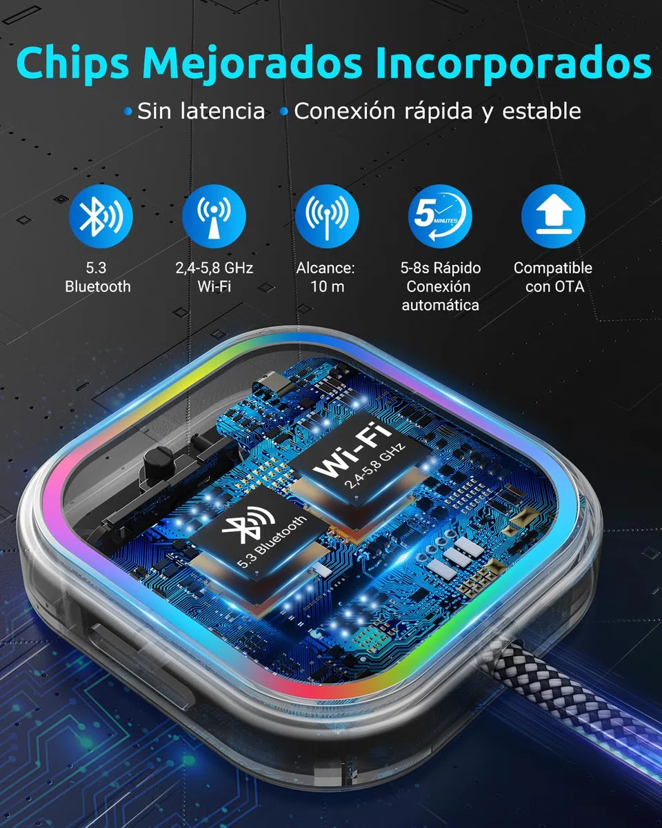 ESSGOO Mini Adaptador Inalámbrico para CarPlay/Android Auto, Adaptador 2 en 1 CarPlay Inalámbrico Bluetooth con Enchufe USB, Compatible con iOS 10+ y Android 11+, RGB con Control de Voz