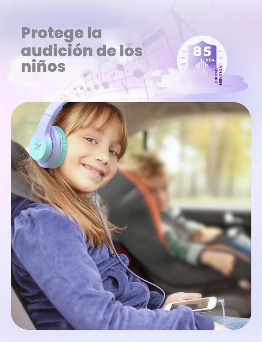 iClever HS19S - Auriculares con Cable Plegable para niños con micrófono, limitador de Volumen 85/94 dB - Shareport - Auriculares estéreo para niños y niñas, Auriculares con Cable con Enchufe