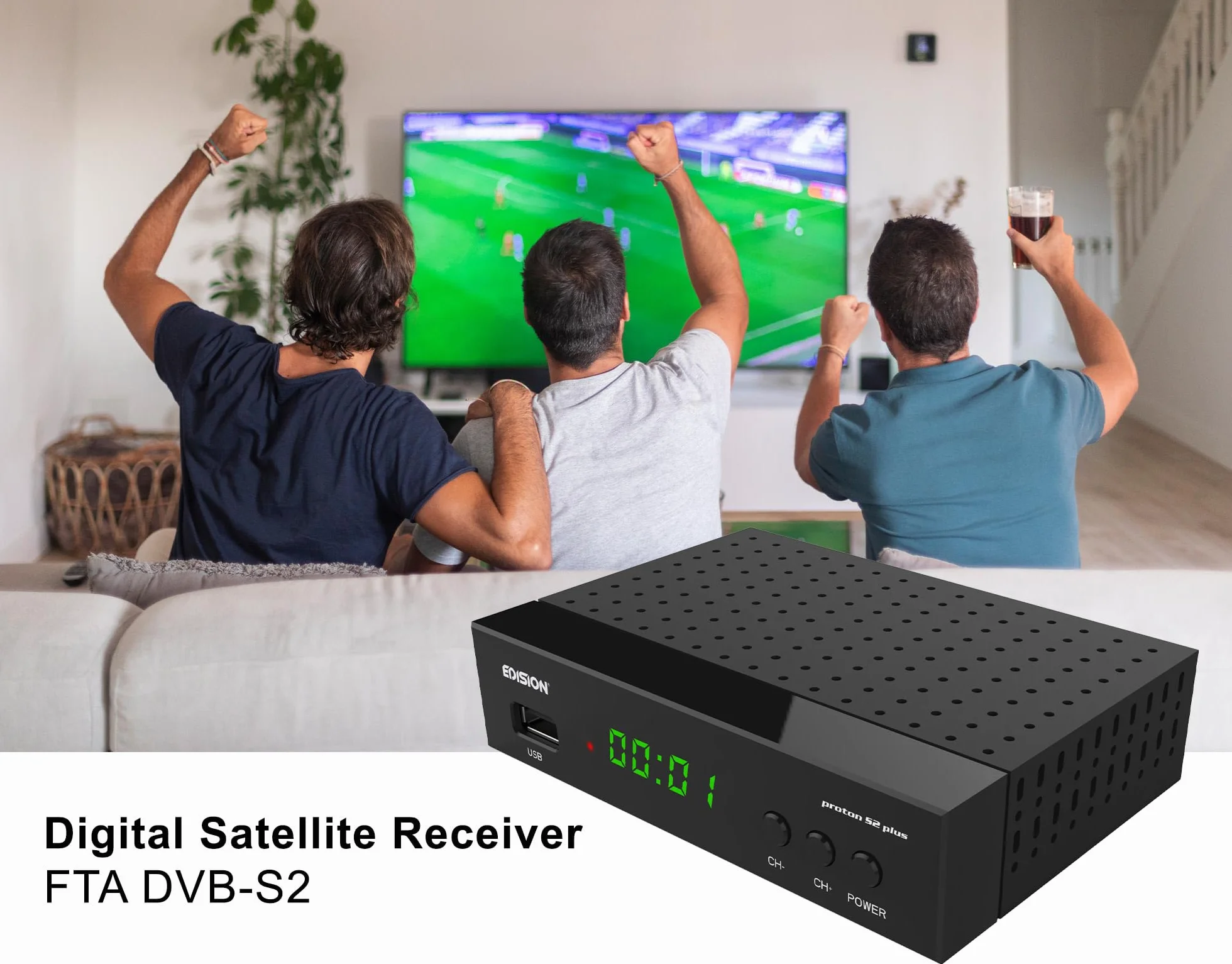 EDISION Proton S2 Plus Full HD Receptor de satélite Digital DVB-S2 FTA, Soporte Unicable, Soporte USB WiFi, LAN, HDMI, SCART, SPDIF, USB, IR, Lector de Tarjetas, Mando a Distancia Universal 2en1