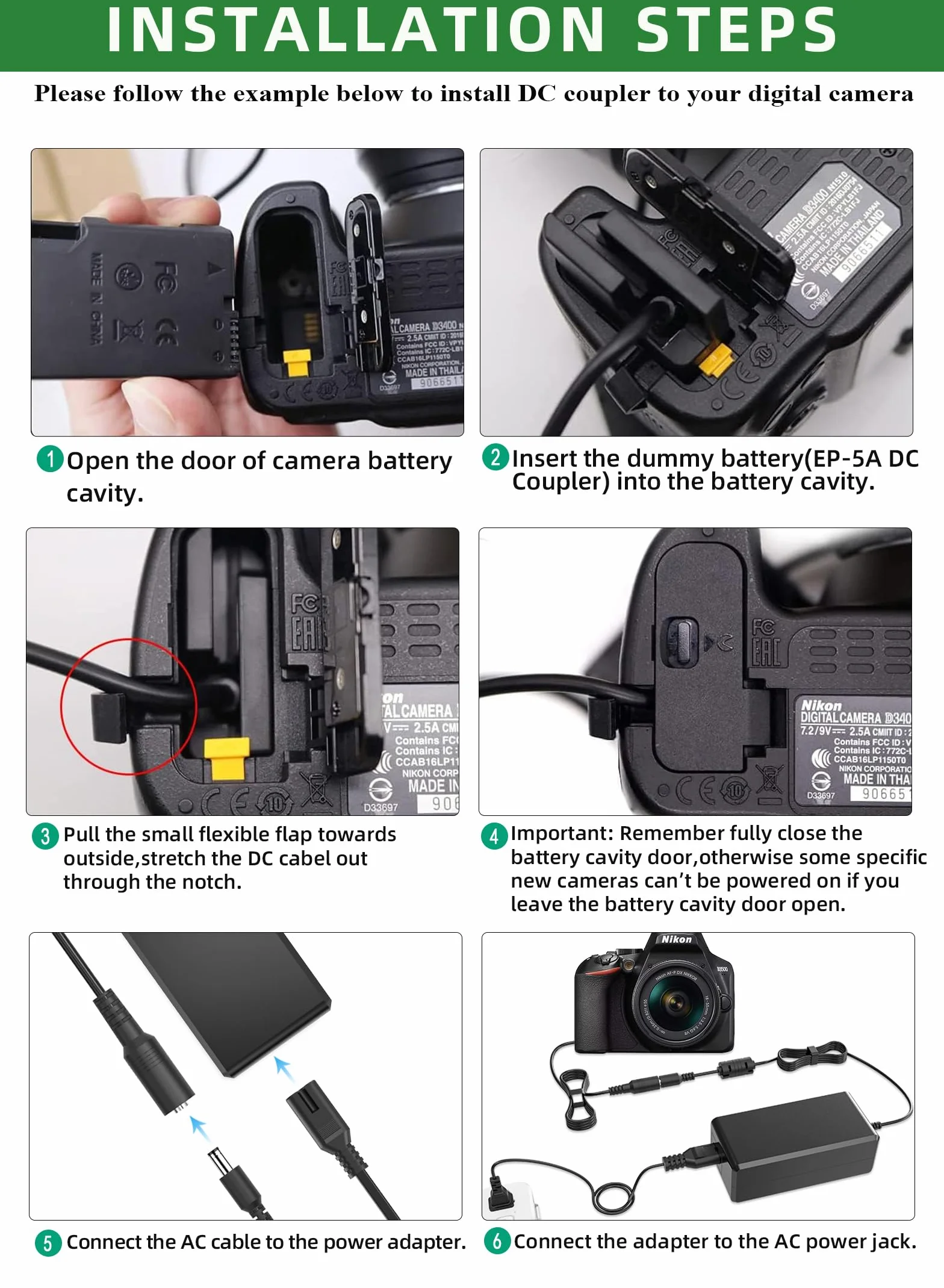 EP-5A AC Adaptador de Corriente EN-EL14 / EN-EL14a Batería Dummy para Nikon D3100 D3200 D3300 D3400 D3500 D5100 D5200 D5300 D5500 D5600 DF Coolpix P7000 P7100 P7700 P7800 Cámaras