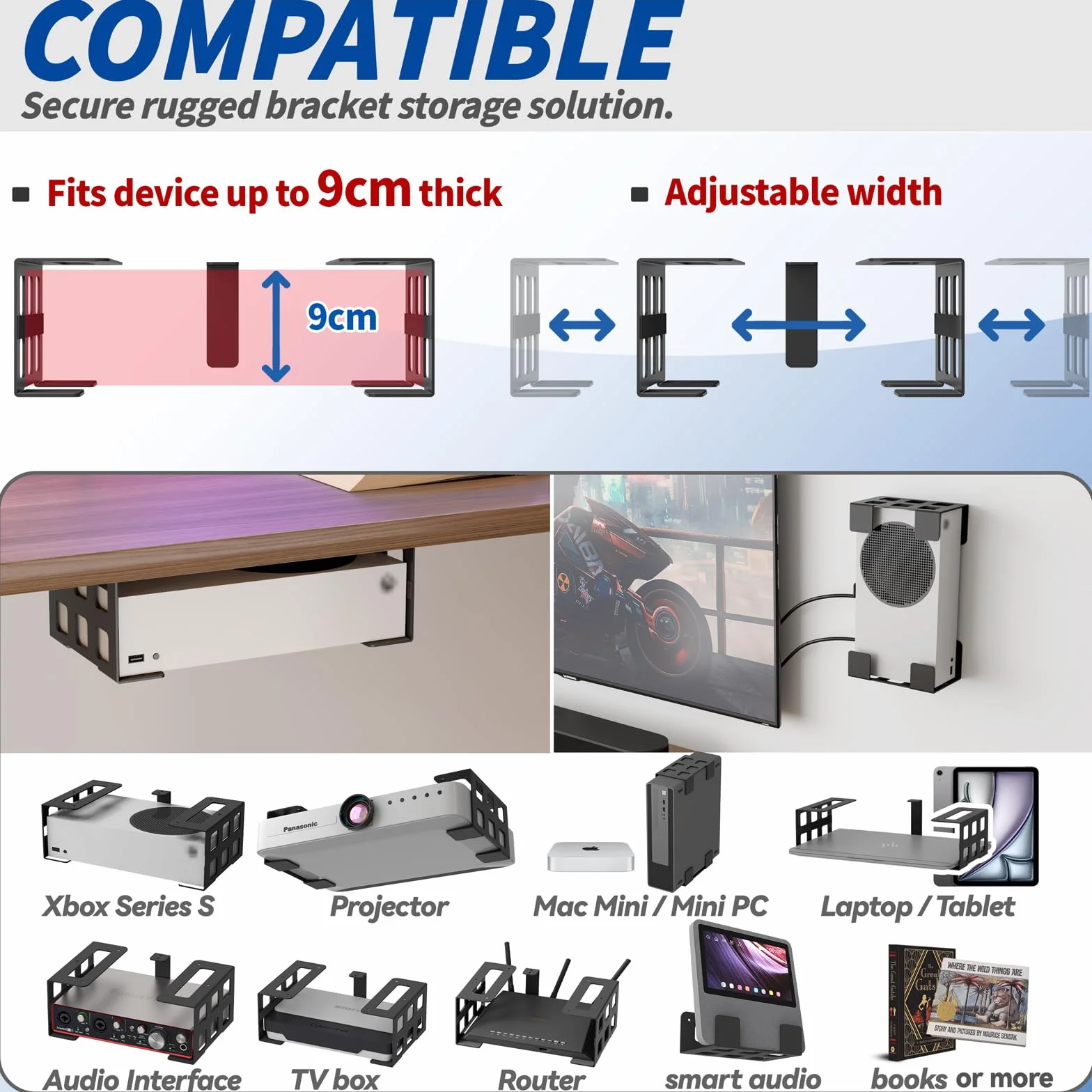 sciuU Soporte Universal para Pared/Techo/Bajo Escritorio – para Dispositivos Espesor < 9cm – Acero Inoxidable – Compatible con Xbox Series S, PS5 Pro, Proyector, Mini PC, TV Box, Router, Laptop