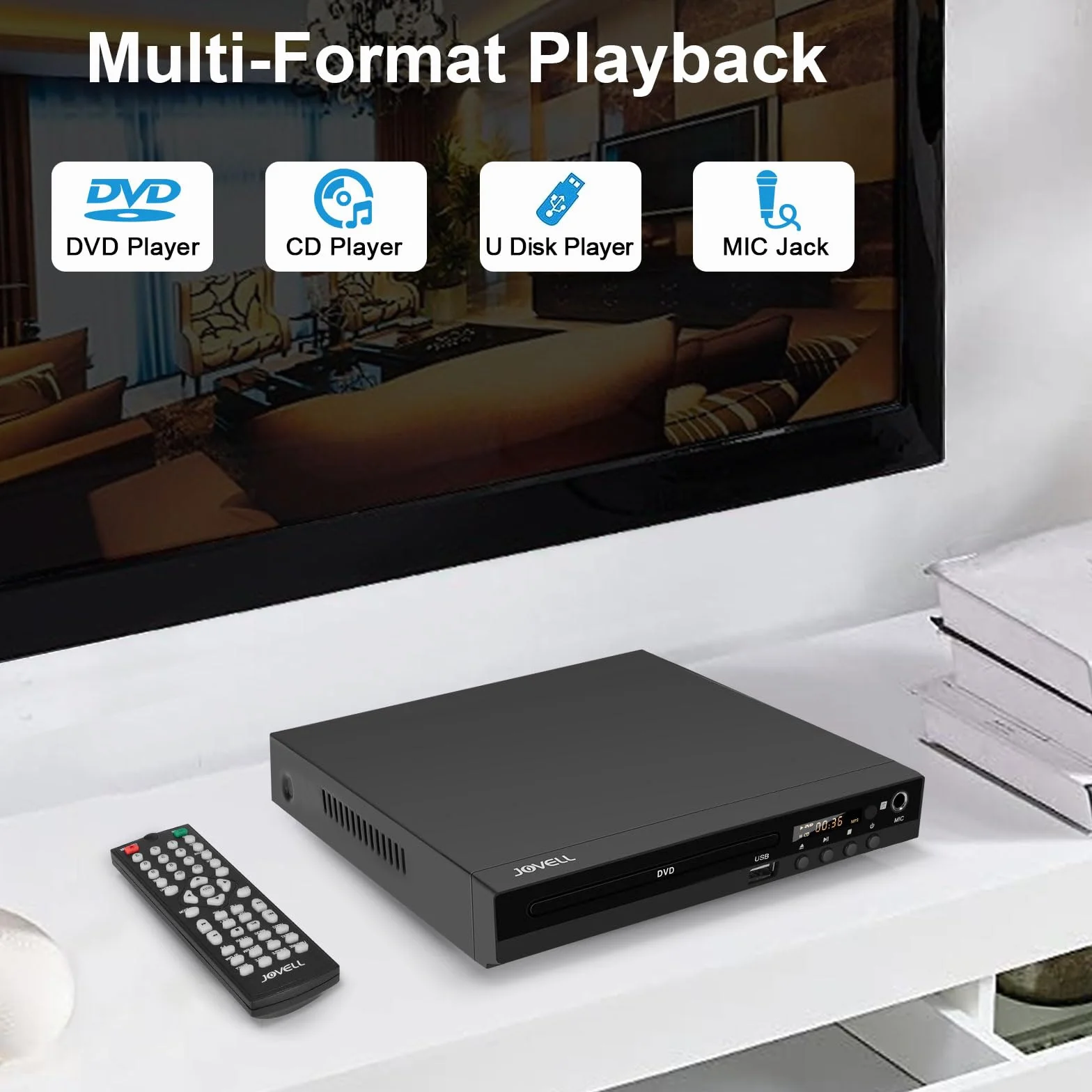 Reproductor de DVD con Euroconector, JOVELL Reproductores de DVD Multiregión para TV con Entrada USB, Salida HDMI AV, PAL NTSC Integrado, Reproduce Múltiples Formatos (No Compatible con BLU-Ray)