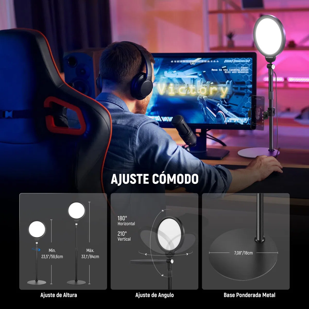 NEEWER Basic 7" Kit Luz Selfie Teléfono Escritorio, 10W 3000k-6500K Luz Anillo Pantalla Completa Regulable con Soporte y Soporte Teléfono para Videoconferencia,Selfie,Vlog,Maquillaje,Transmisión, R06