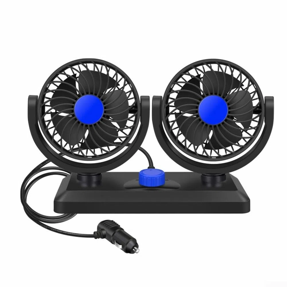 Ventilador de coche de doble cabezal alimentado por USB, compatible con 5 V, 12 V, 24 V, 2 ajustes de velocidad ajustables y cabezales de ventilador giratorios de 360 grados para una refrigeración