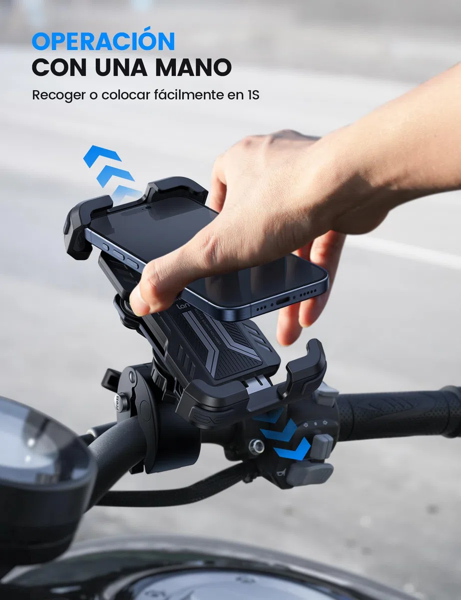 Lamicall Soporte Móvil Moto Antivibración - [con Doble Amortiguador] 360°Rotación, 1S Liberación con un Botón, Soporte Teléfono Bicicleta para iPhone 17 16 15 14 13 Series, Huawei, 4,7-6,8” Smartphone